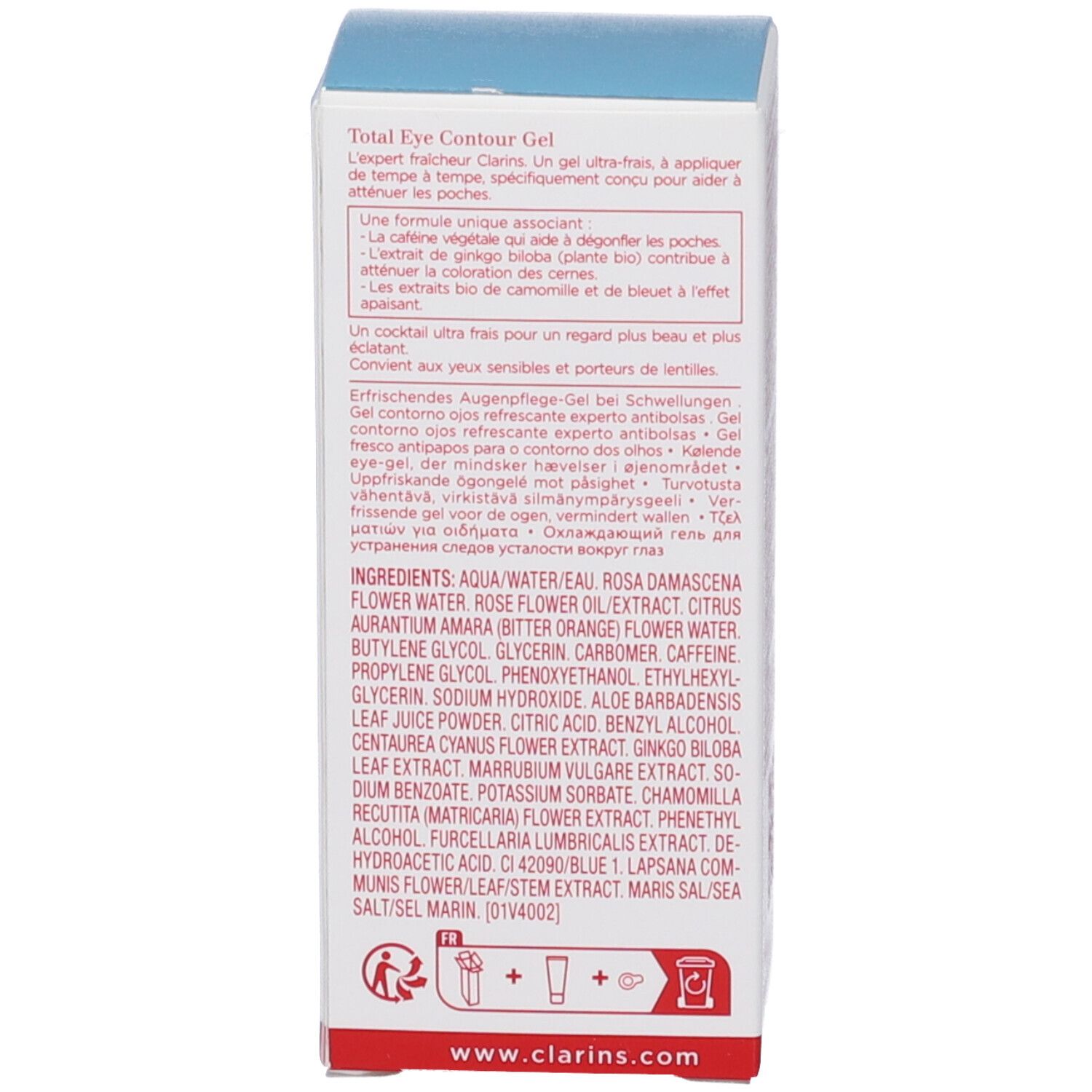 Scatola Clarins Total Eye Contour Gel lato con ingredienti