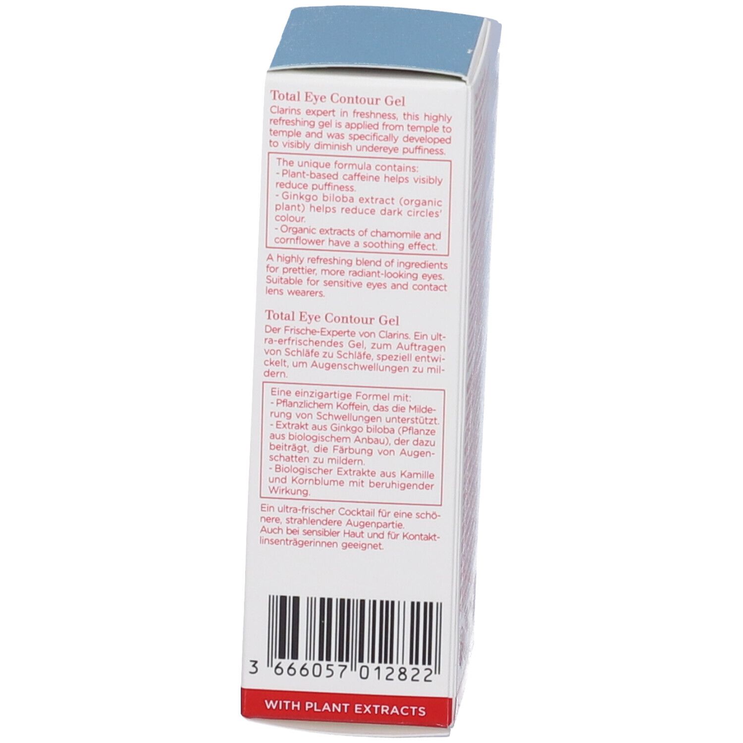 Scatola Clarins Total Eye Contour Gel lato con codice a barre