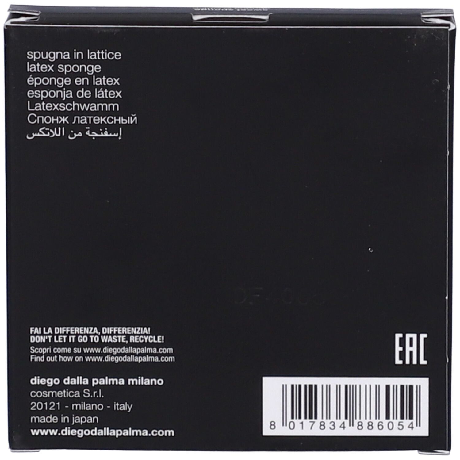 Retro della confezione. Testo: spugna in lattice, latex sponge, éponge en latex, Esponja de látex, Latexschwamm, Спонж латексный, إسفنجة من اللاتكس.