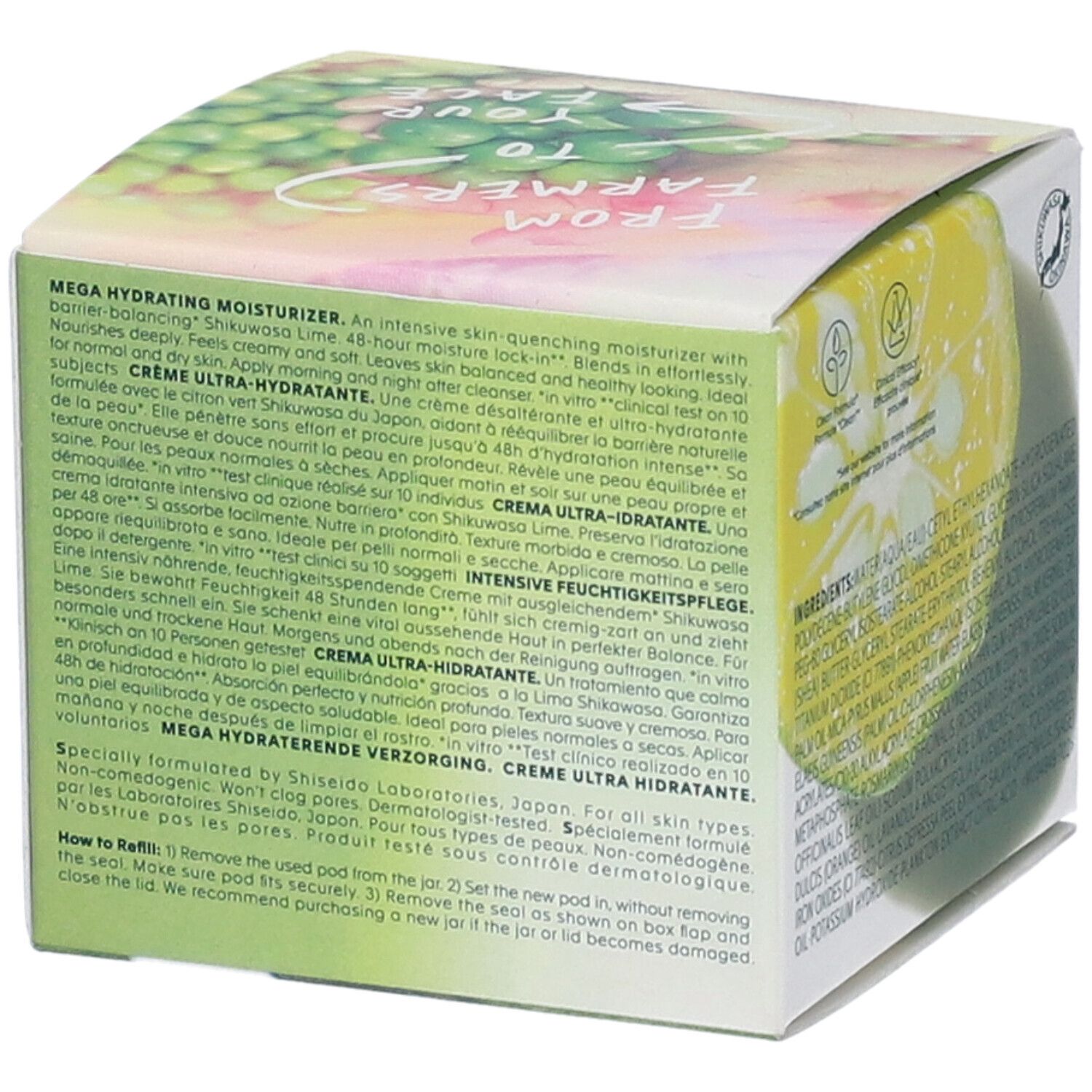 Lato confezione Shiseido WASO Shikulime Mega Hydrating Moisturizer. Descrizione prodotto e istruzioni.
