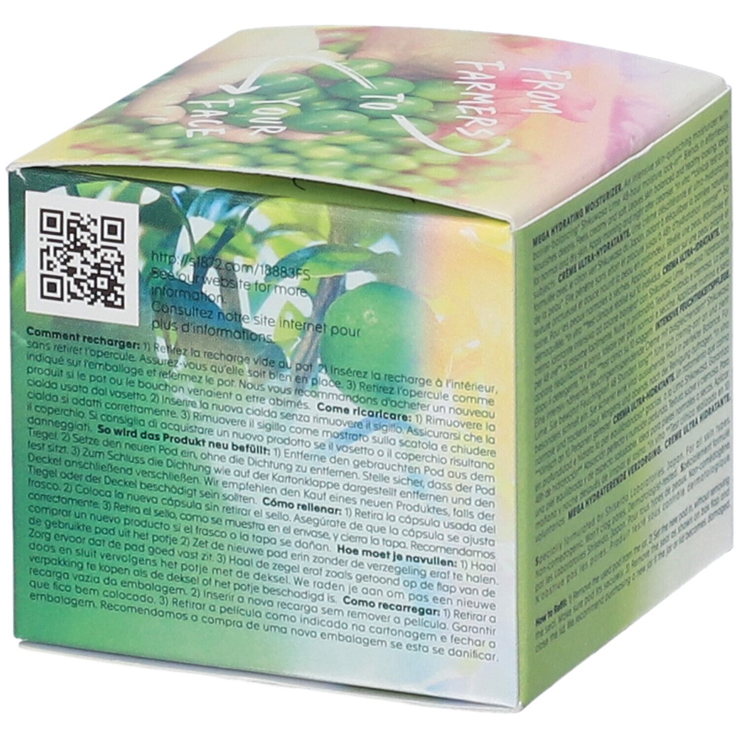 Lato confezione Shiseido WASO Shikulime. Informazioni ricarica e QR code.