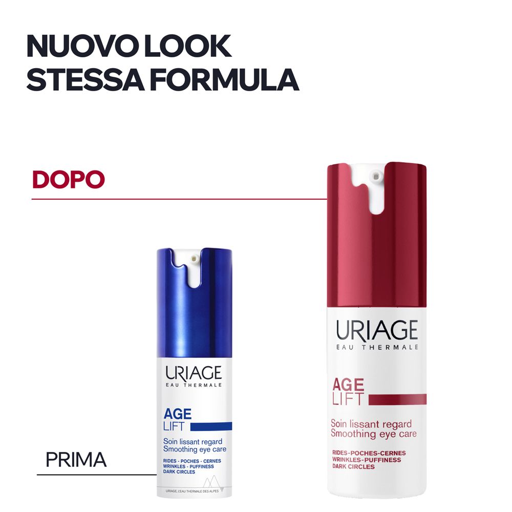 Due erogatori Uriage Age Lift per contorno occhi, rosso e blu, affiancati. 'Prima' e 'Dopo'.