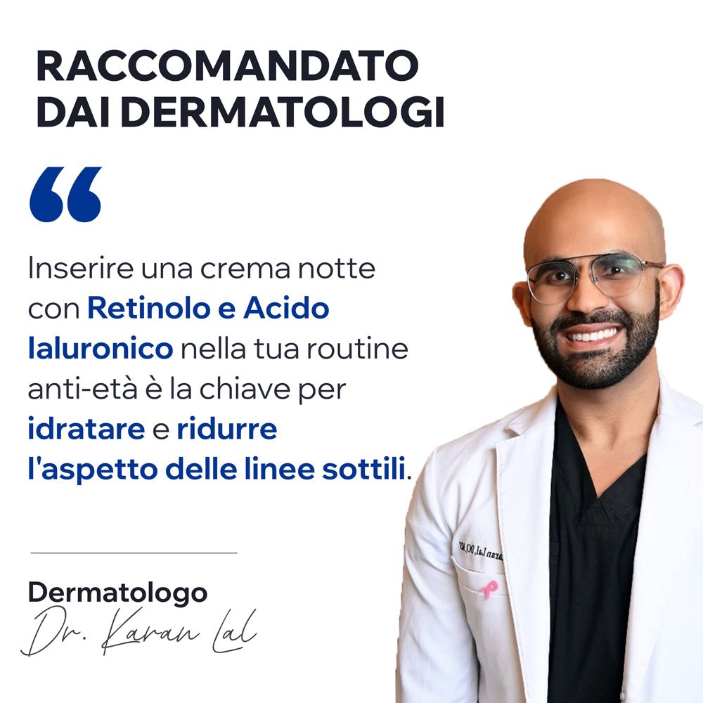 Medico parla. Testo: Crema notte con Retinolo e Acido ialuronico è la chiave per l'idratazione.
