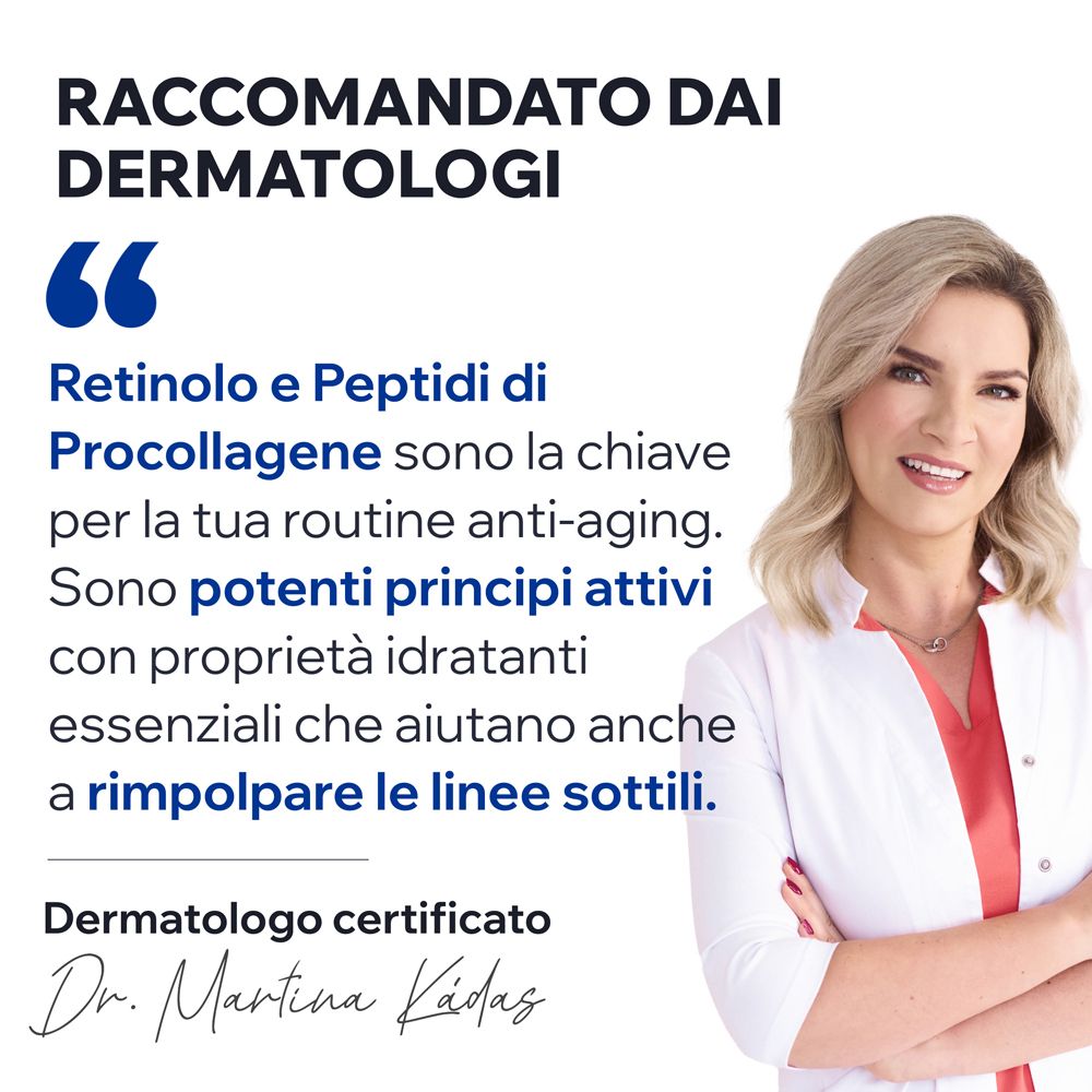 Donna sorridente. Testo: Il retinolo e i peptidi di procollagene sono la chiave per la tua routine anti-aging.