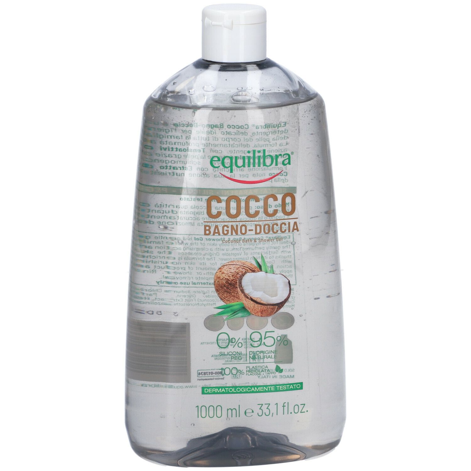Flacone trasparente con tappo bianco. Scritta: Equilibra Cocco Bagno-doccia. Illustrazione cocco. 1000 ml.