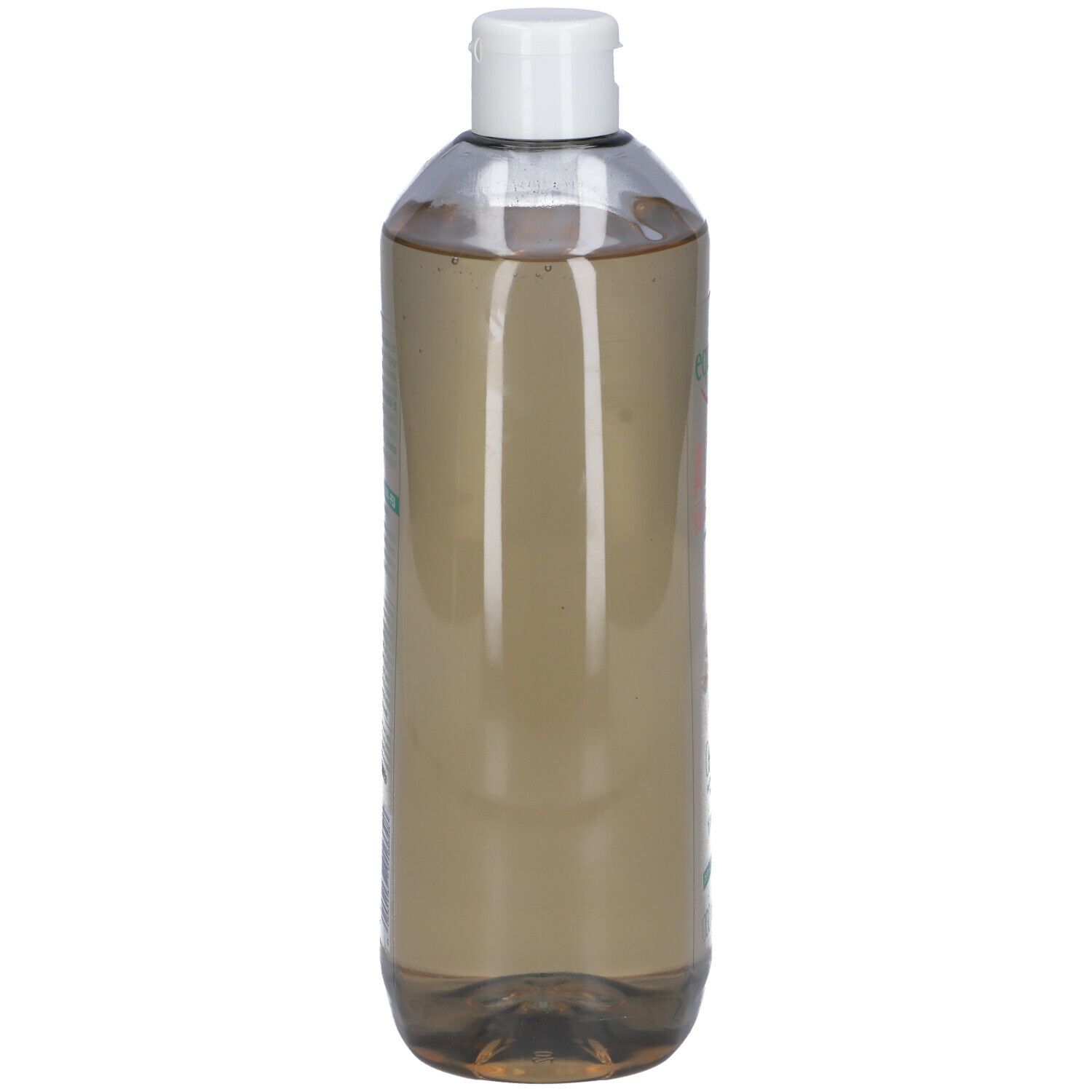 Flacone alto e trasparente con tappo bianco. Contiene liquido brunastro.