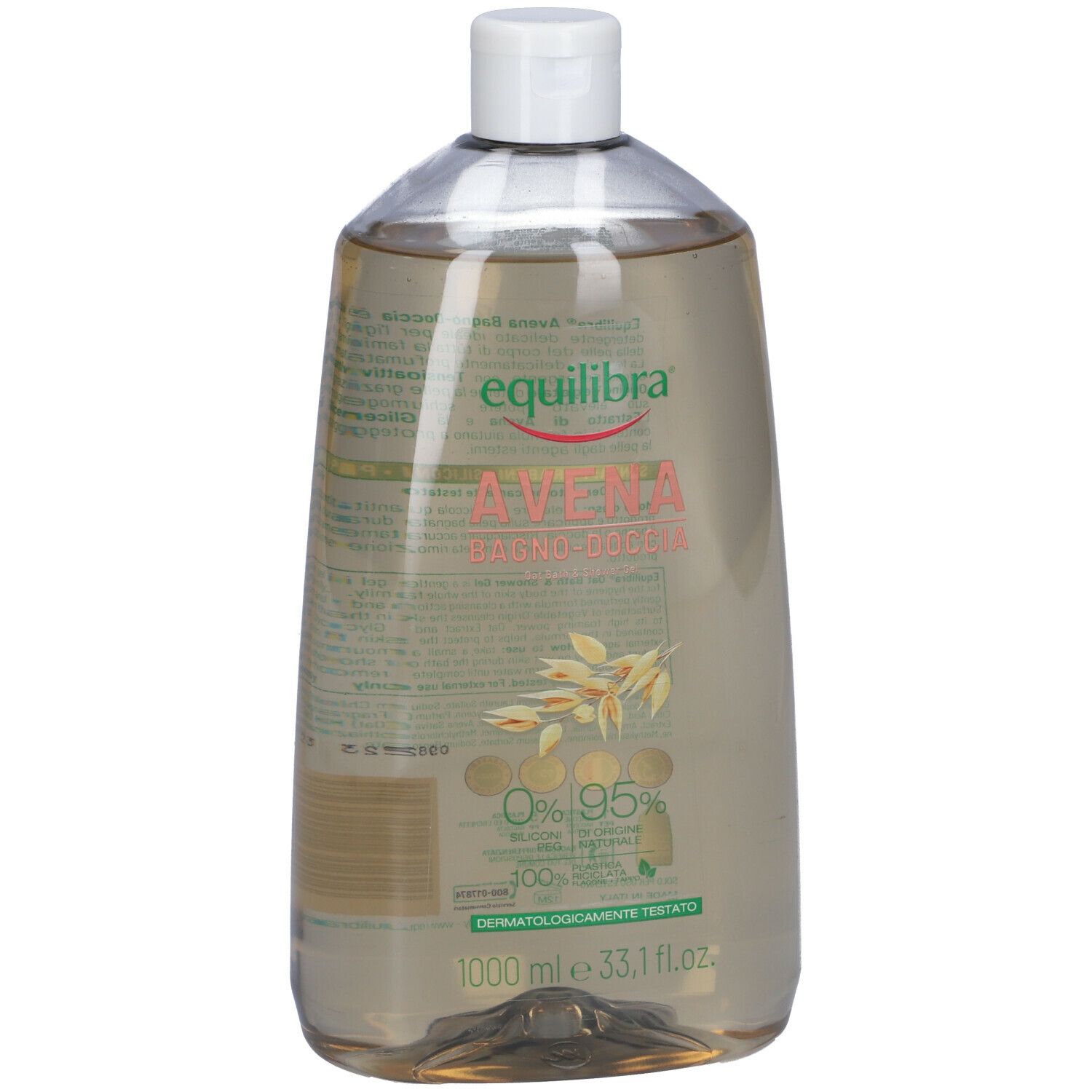 Flacone trasparente con tappo bianco. Scritta: Equilibra Avena Bagno-doccia. 1000 ml.