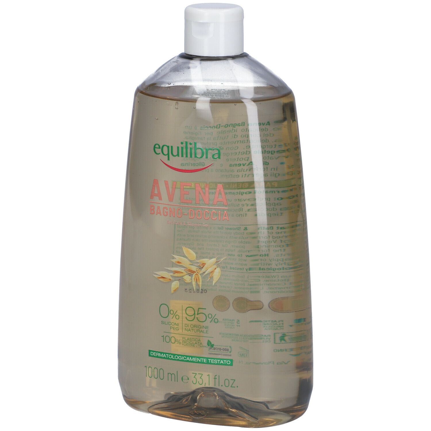 Flacone trasparente con tappo bianco. Scritta: Equilibra Avena Bagno-doccia. 1000 ml.