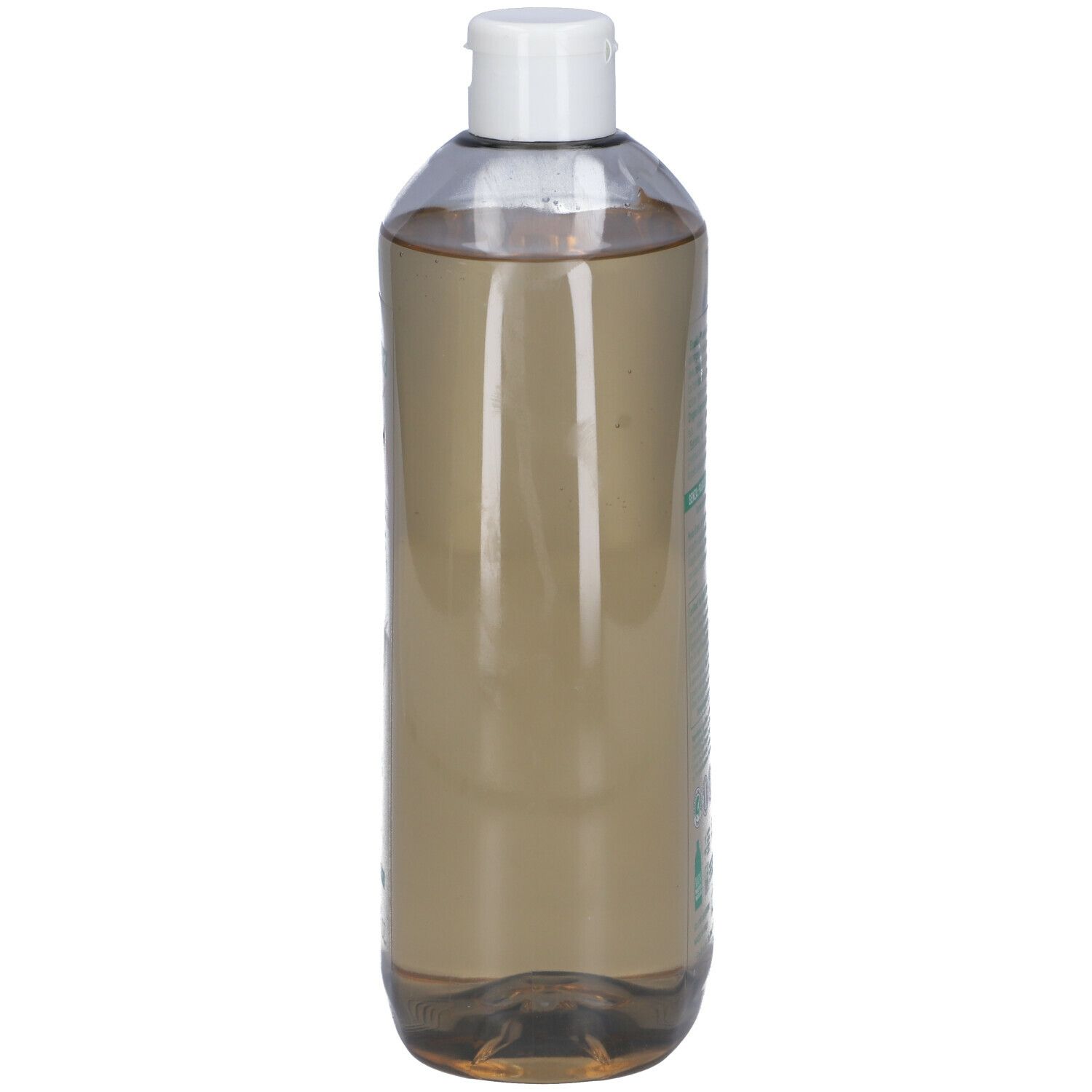 Flacone alto e trasparente con tappo bianco. Contiene liquido brunastro.
