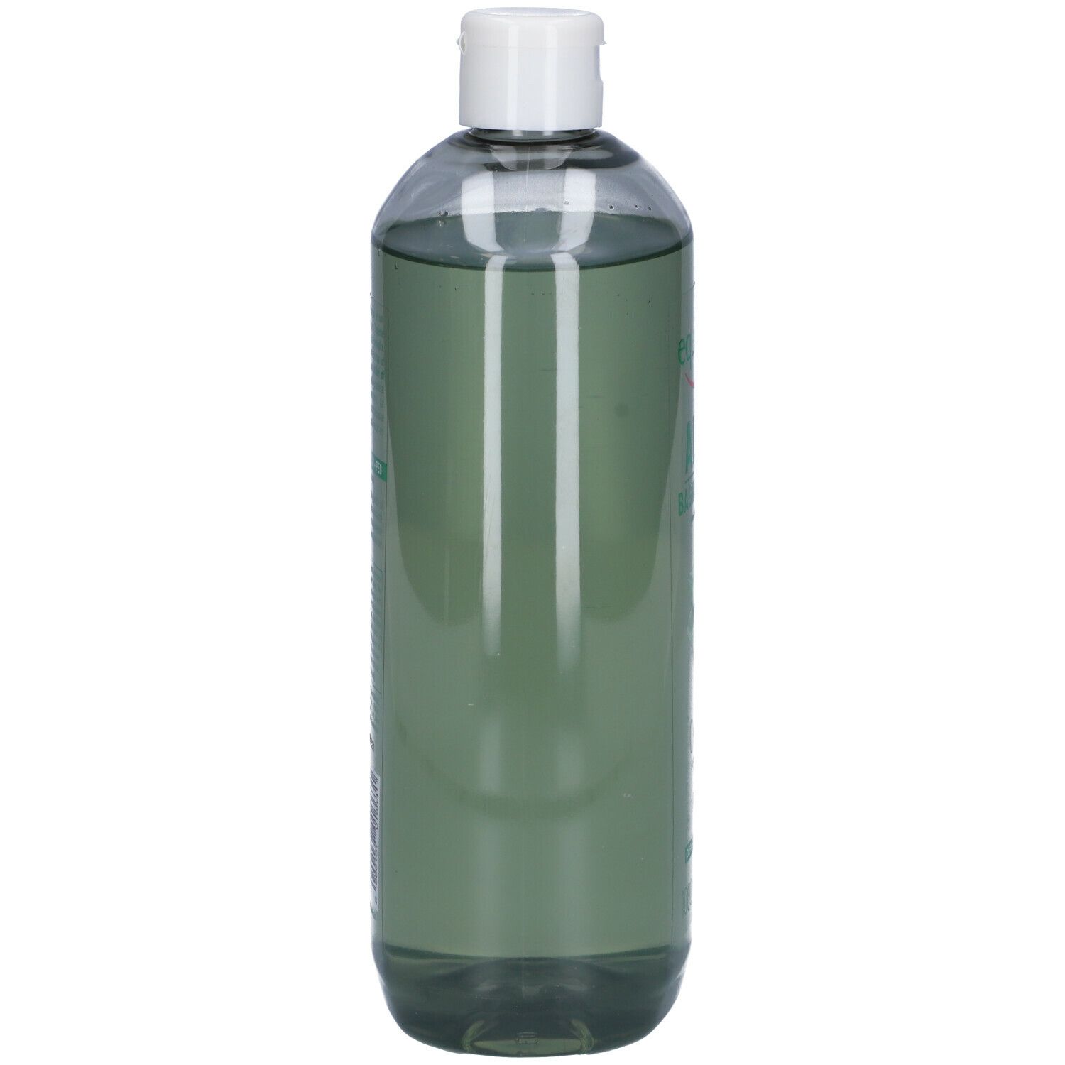 Flacone trasparente con liquido verdognolo e tappo bianco. Vista laterale del prodotto.
