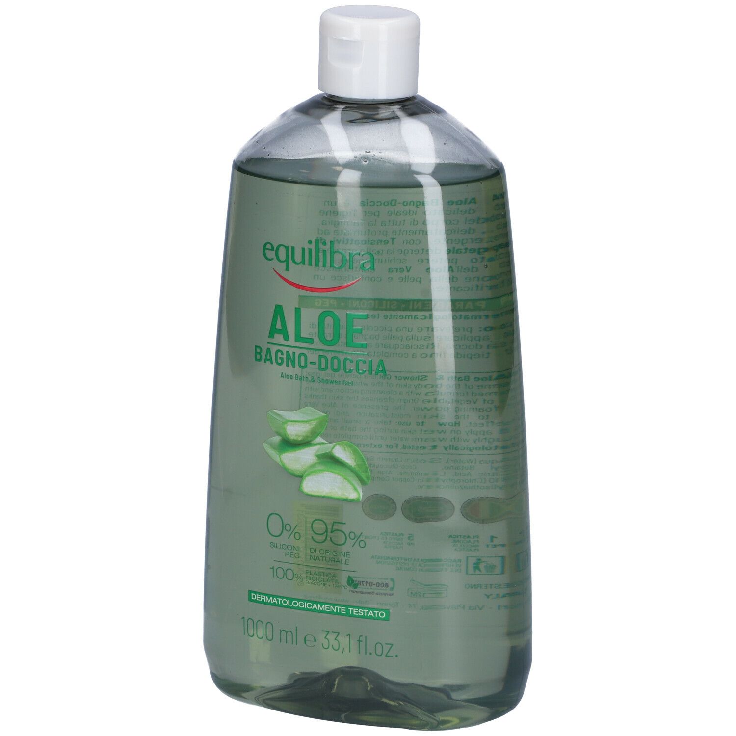 Flacone trasparente con liquido verdognolo. Scritta: Equilibra Aloe Bagno-doccia. Illustrazione aloe vera. 1000 ml.