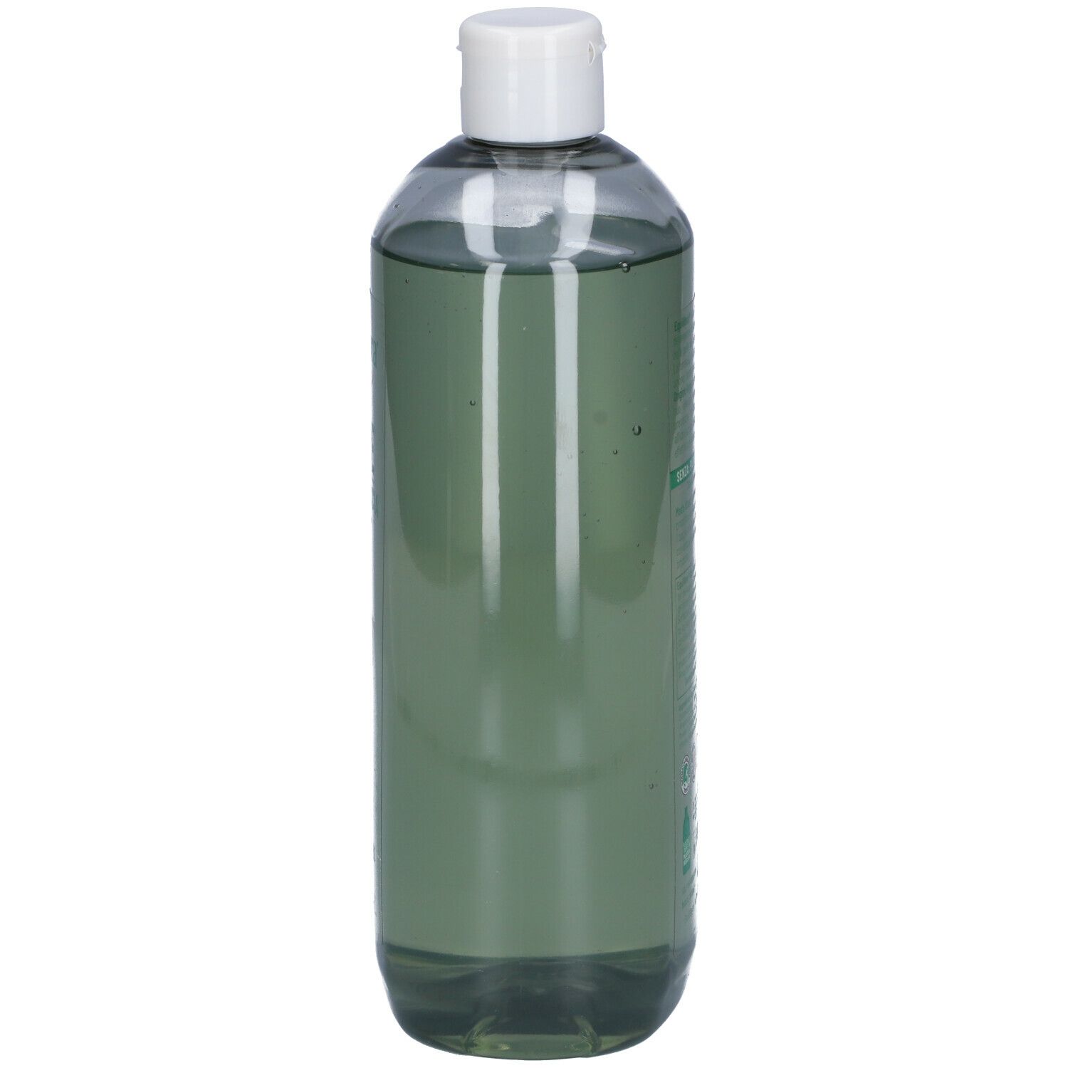 Flacone trasparente con liquido verdognolo e tappo bianco. Vista laterale del prodotto.