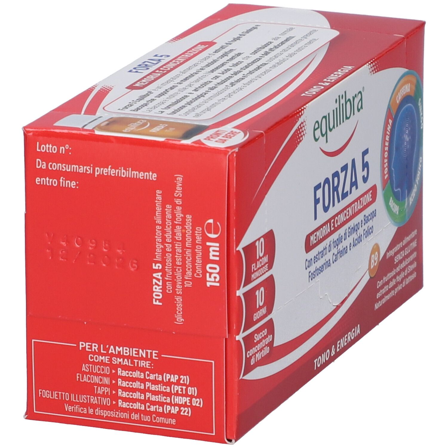Confezione rossa Equilibra Forza 5, vista laterale. Testo visibile. Contiene 10 flaconcini. Ingredienti e informazioni sullo smaltimento.
