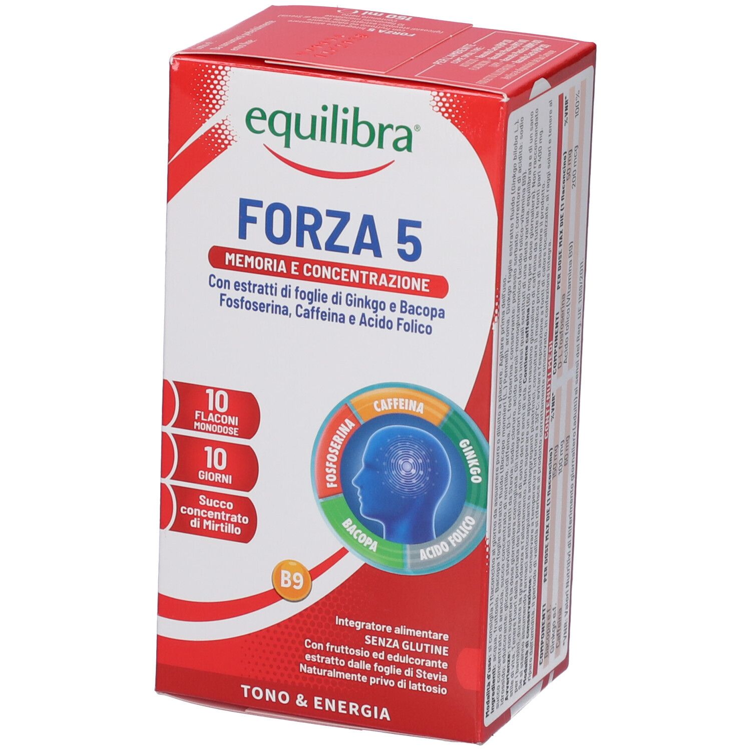 Confezione rossa Equilibra Forza 5. Contiene 10 flaconcini. Scritta Forza 5, Memoria e Concentrazione. Ingredienti visibili.