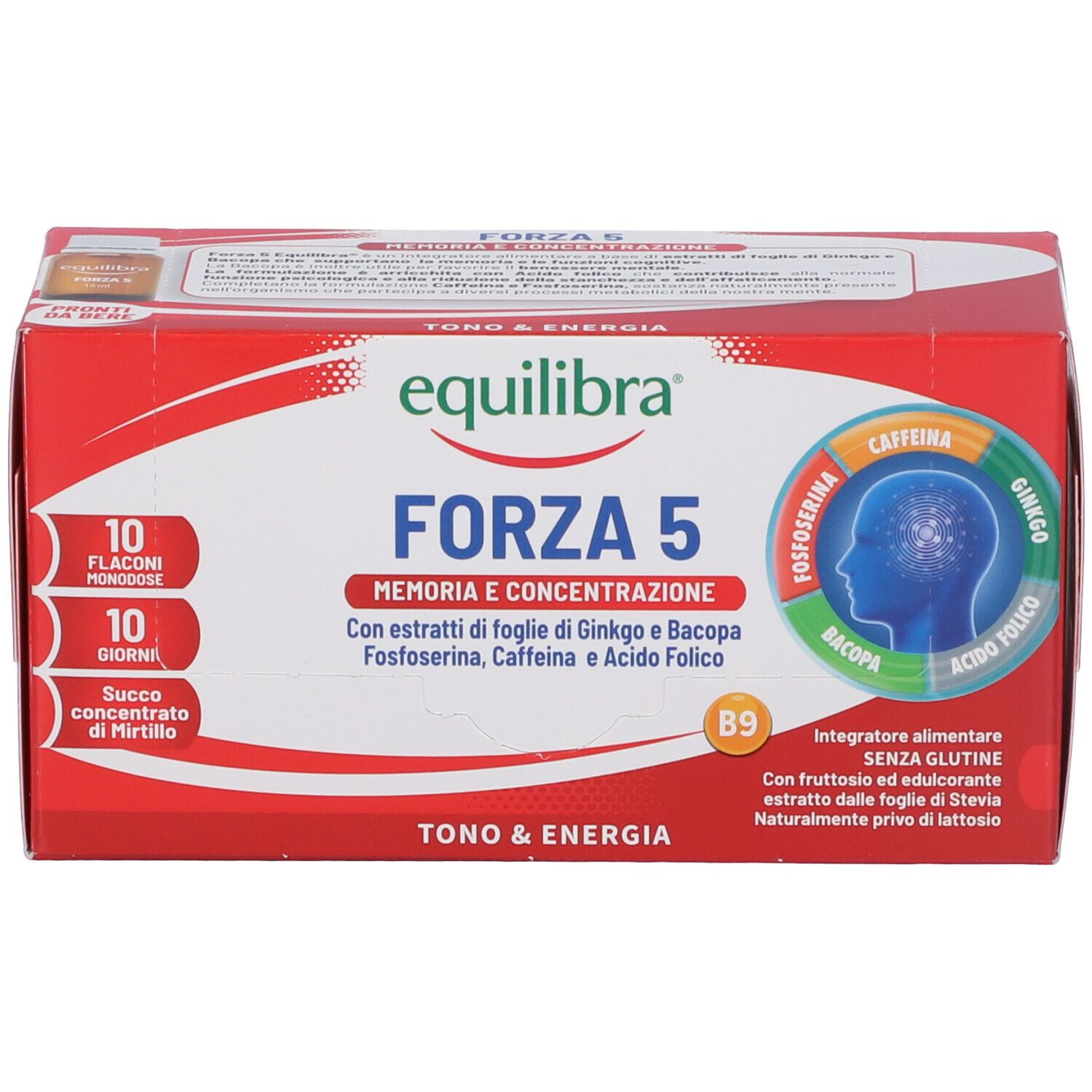 Confezione rossa Equilibra Forza 5. Contiene 10 flaconcini. Scritta Forza 5, Memoria e Concentrazione. Ingredienti visibili.