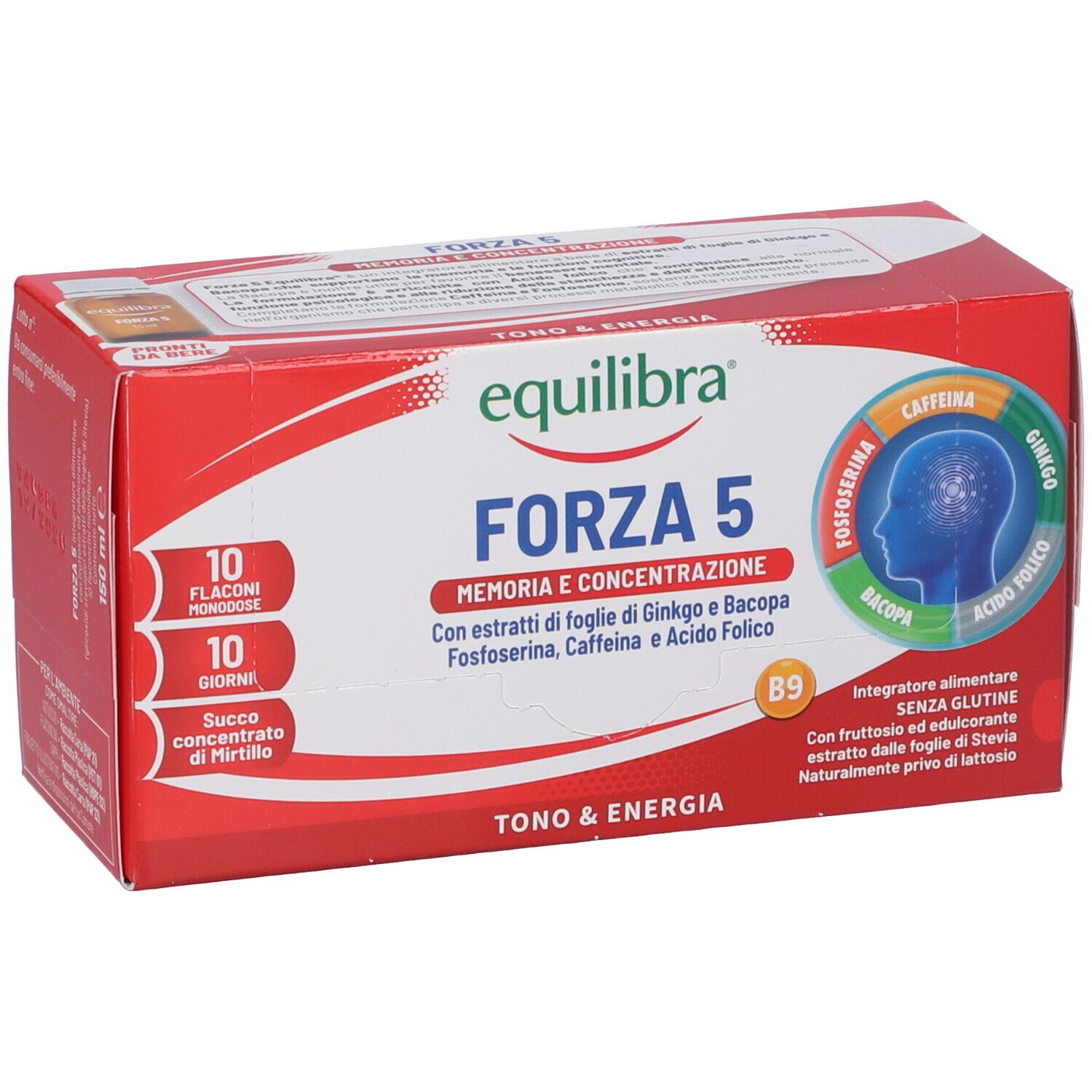 Confezione rossa Equilibra Forza 5. Contiene 10 flaconcini. Scritta Forza 5, Memoria e Concentrazione. Ingredienti visibili.