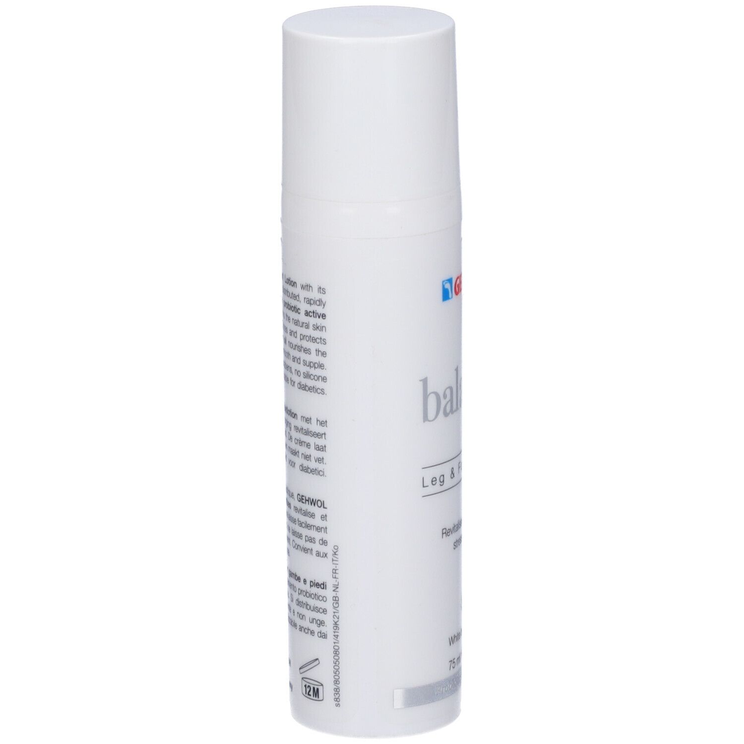 Flacone bianco Gehwol Balance Lozione Gambe & Piedi. Testo sul retro. 75 ml.