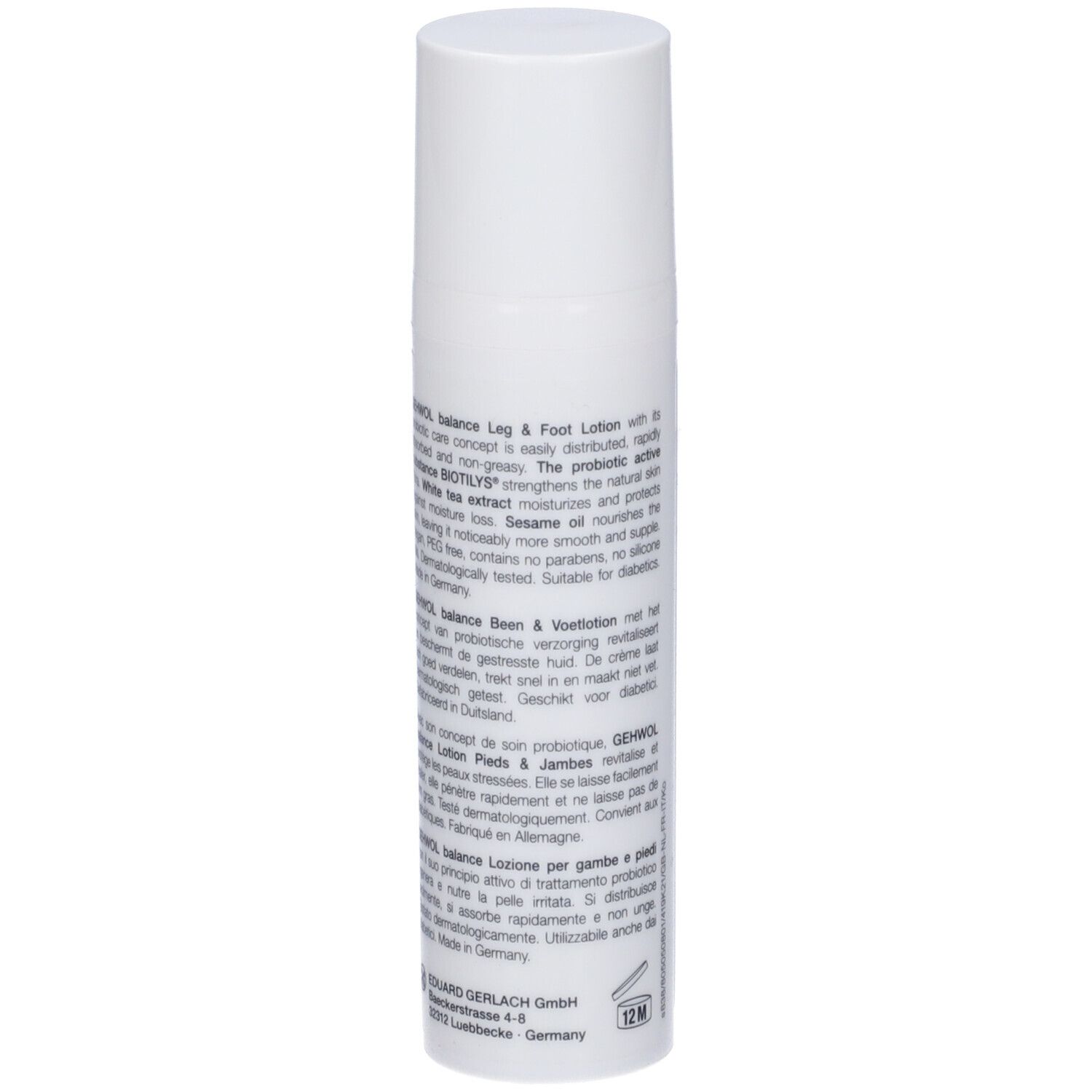 Flacone bianco Gehwol Balance Lozione Gambe & Piedi. Testo sul retro. 75 ml.