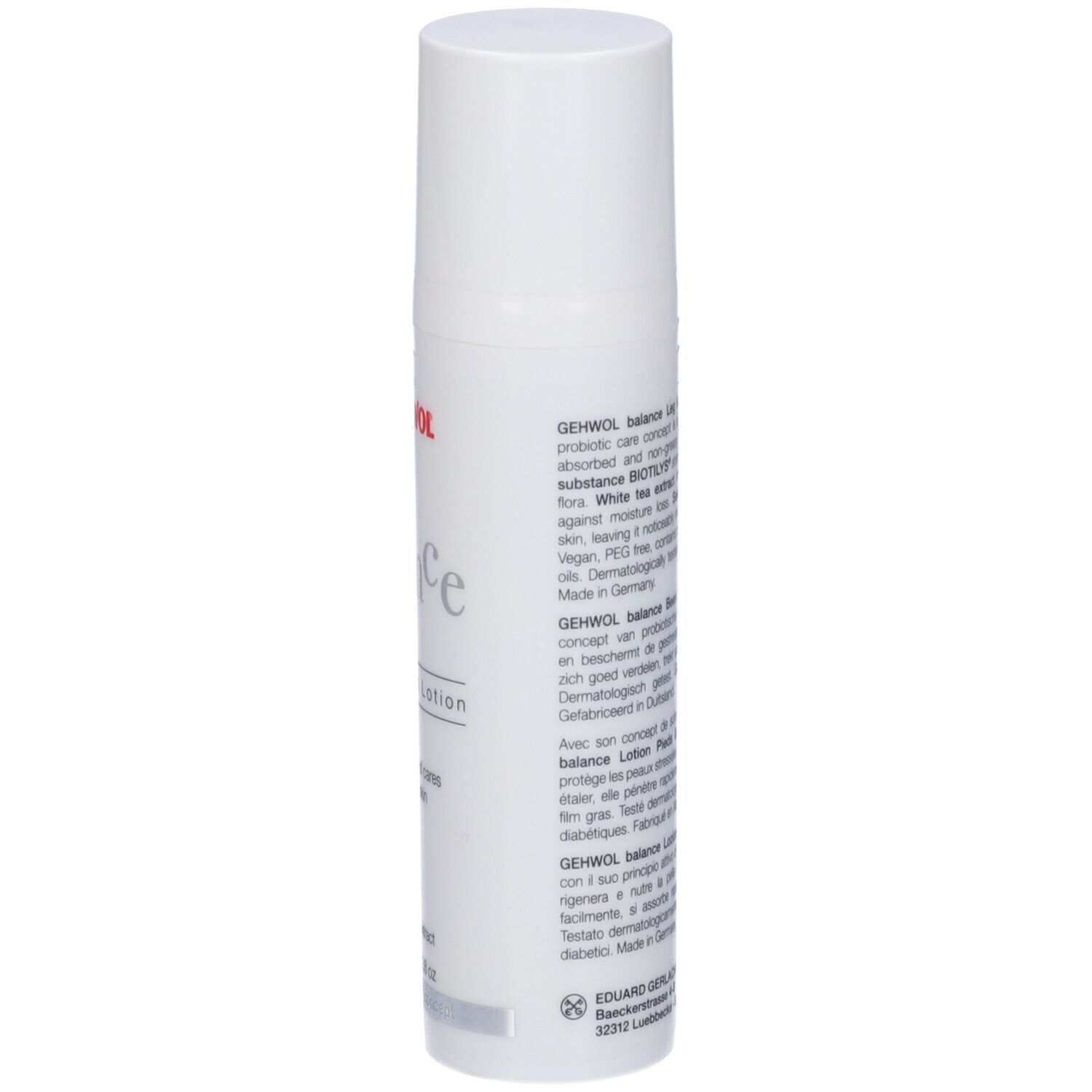 Flacone bianco Gehwol Balance Lozione Gambe & Piedi. Testo sul retro. 75 ml.
