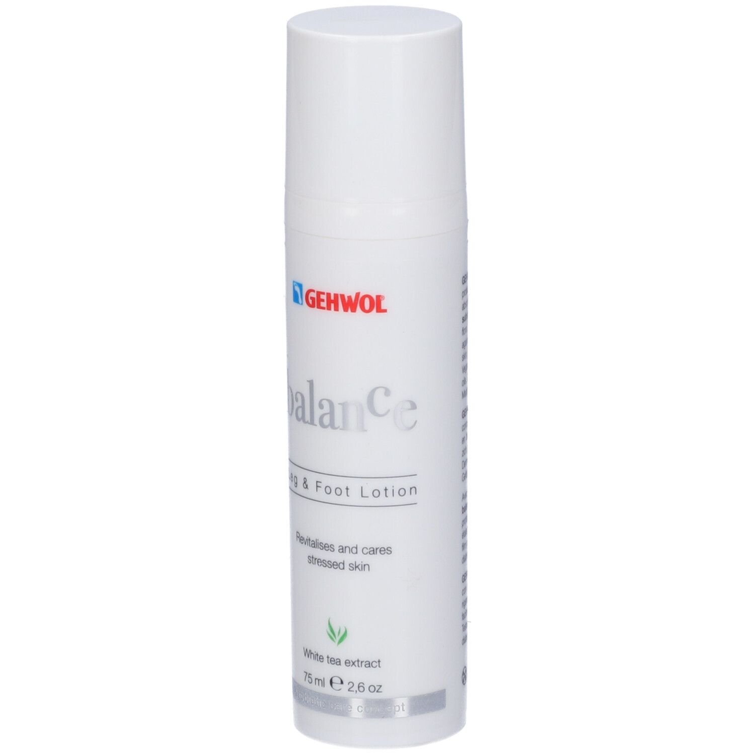 Flacone bianco Gehwol Balance Lozione Gambe & Piedi. Logo e nome del prodotto. 75 ml.