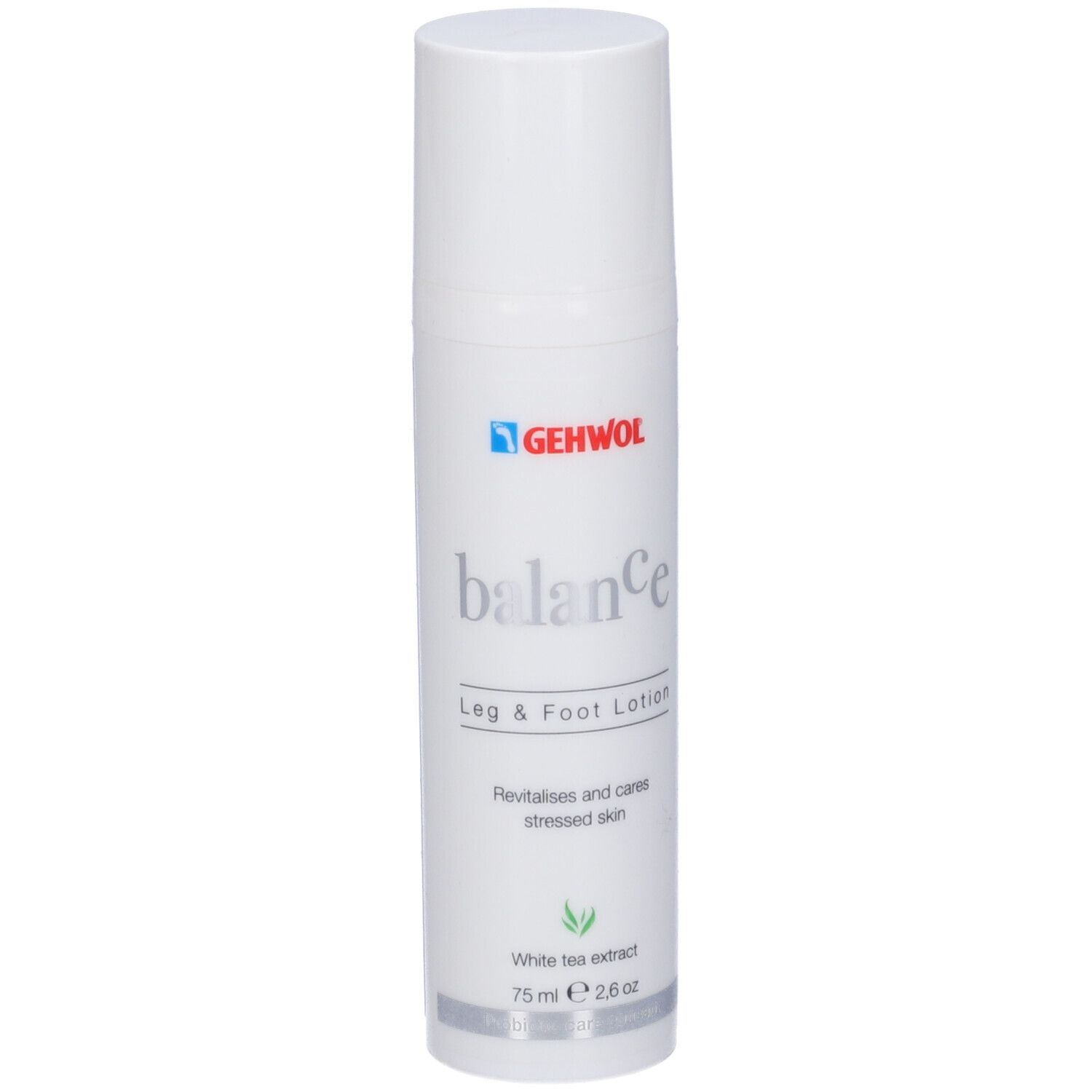 Flacone bianco Gehwol Balance Lozione Gambe & Piedi. Logo e nome del prodotto. 75 ml.