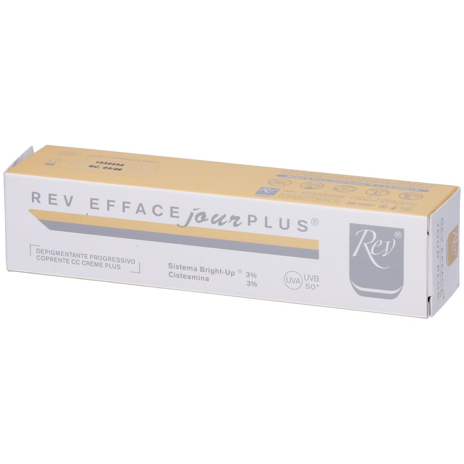 Scatola con scritta: REV EFFACE jour PLUS. Testo: Depigmentante progressivo, Sistema Bright-Up 3%, Cisteamina. Con protezione UV.