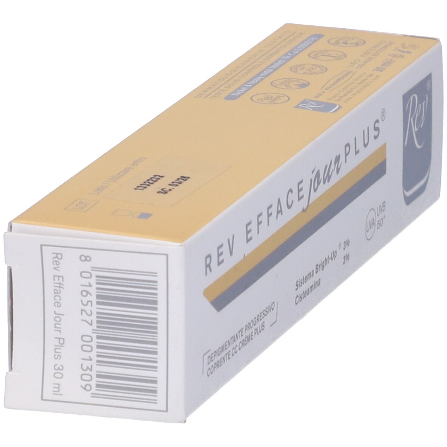 Scatola con scritta: REV EFFACE jour PLUS. Testo: Depigmentante progressivo, Sistema Bright-Up 3%, Cisteamina. Con protezione UV.