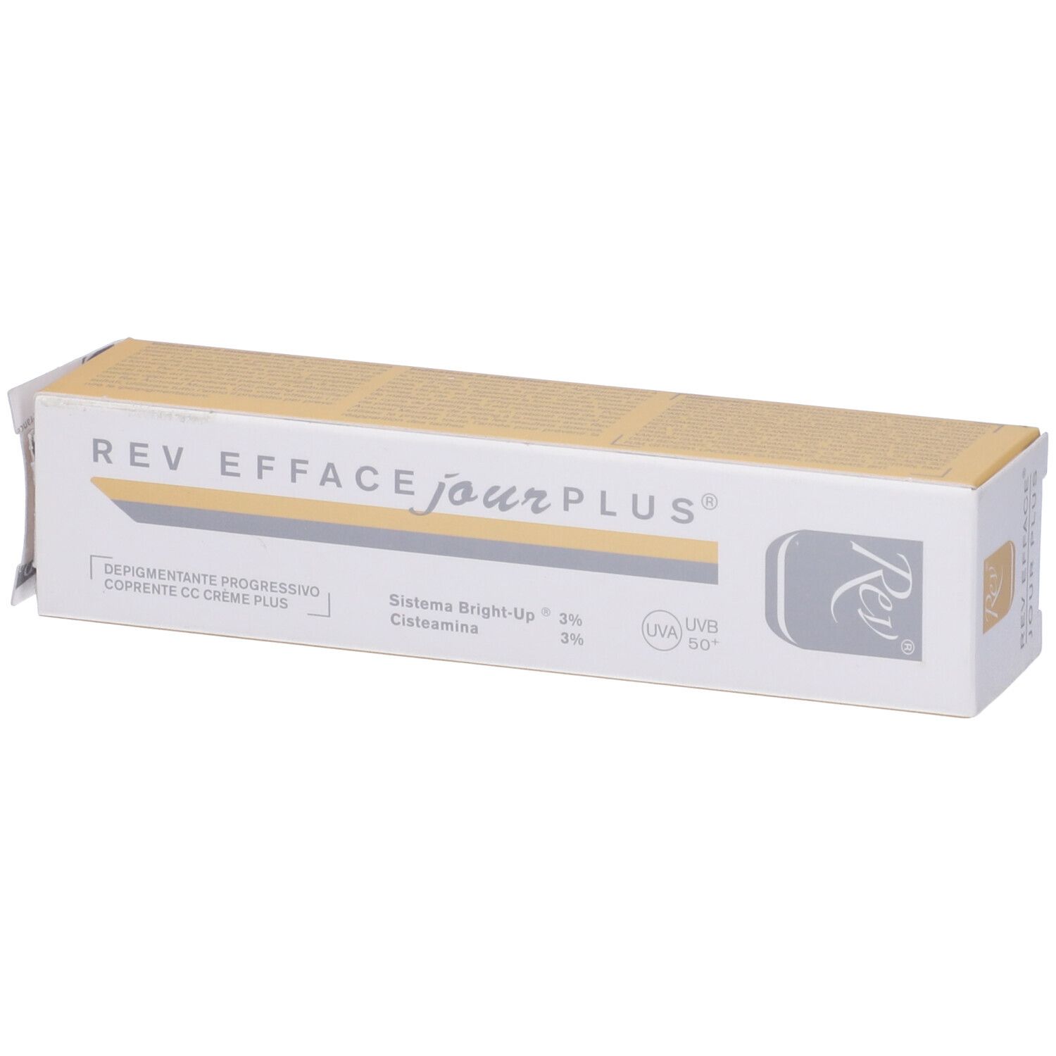 Scatola con scritta: REV EFFACE jour PLUS. Testo: Depigmentante progressivo, Sistema Bright-Up 3%, Cisteamina. Con protezione UV.