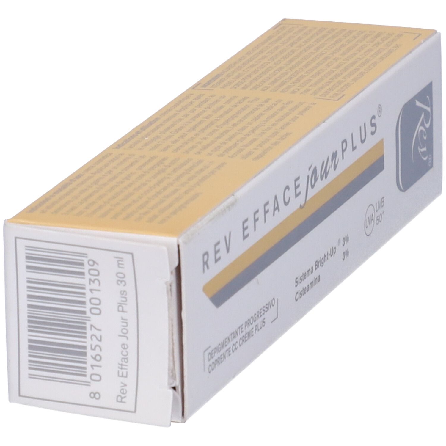 Scatola con scritta: REV EFFACE jour PLUS. Testo: Depigmentante progressivo, Sistema Bright-Up 3%, Cisteamina. Con protezione UV.