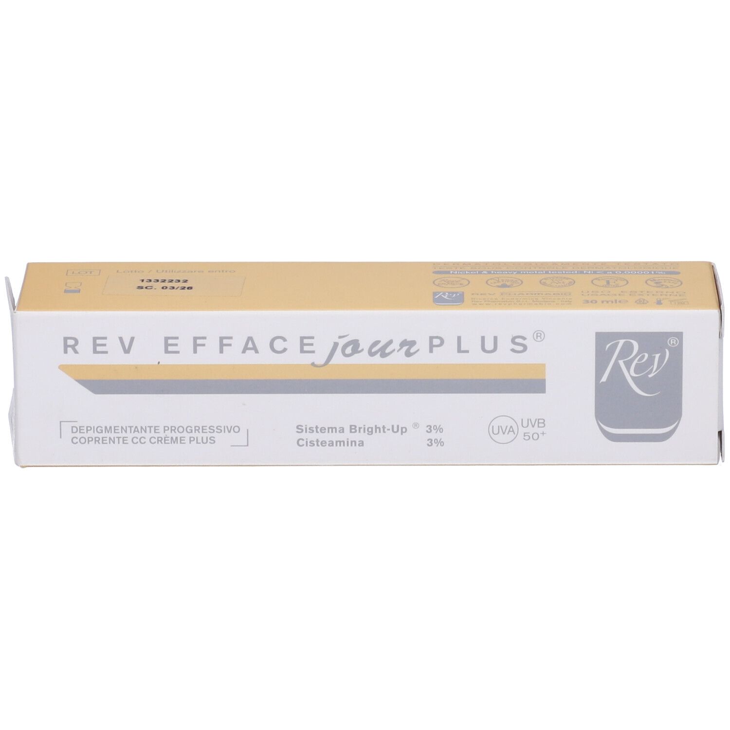 Scatola con scritta: REV EFFACE jour PLUS. Testo: Depigmentante progressivo, Sistema Bright-Up 3%, Cisteamina. Con protezione UV.