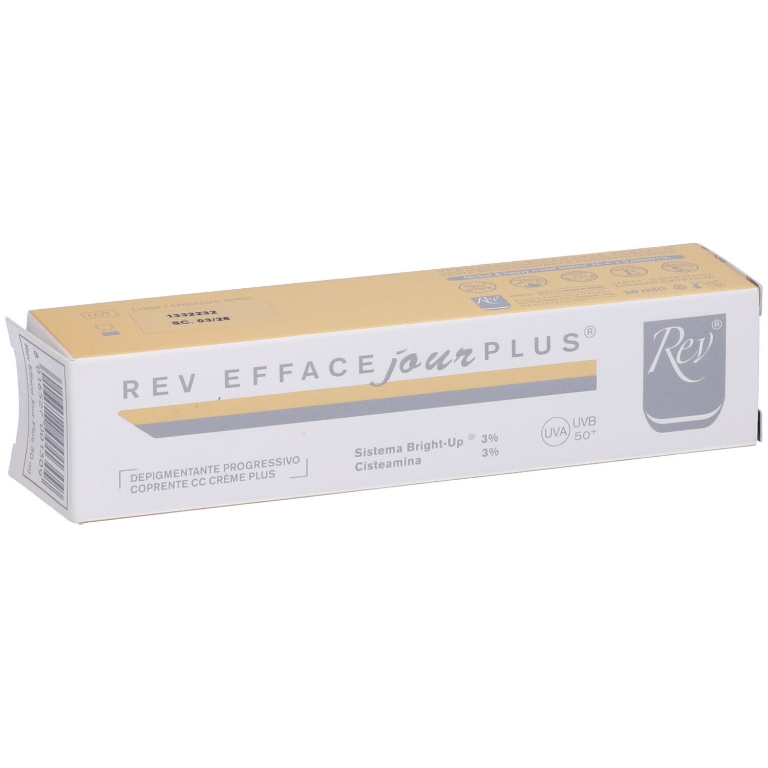 Scatola con scritta: REV EFFACE jour PLUS. Testo: Depigmentante progressivo, Sistema Bright-Up 3%, Cisteamina. Con protezione UV.