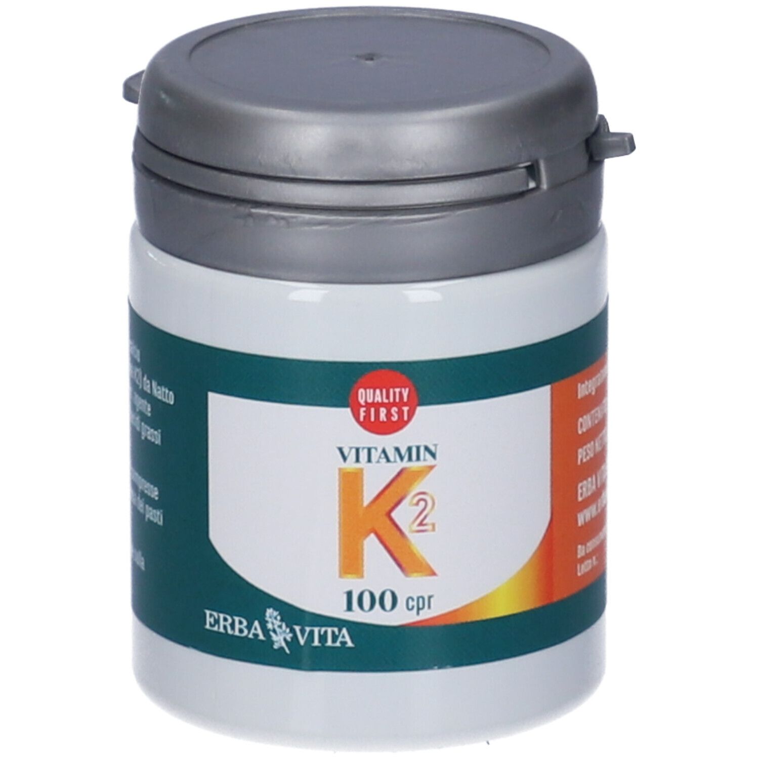 Flacone di compresse di vitamina K2. Scritta: Vitamin K2, 100 cpr. Marchio: Erba Vita. Coperchio grigio.