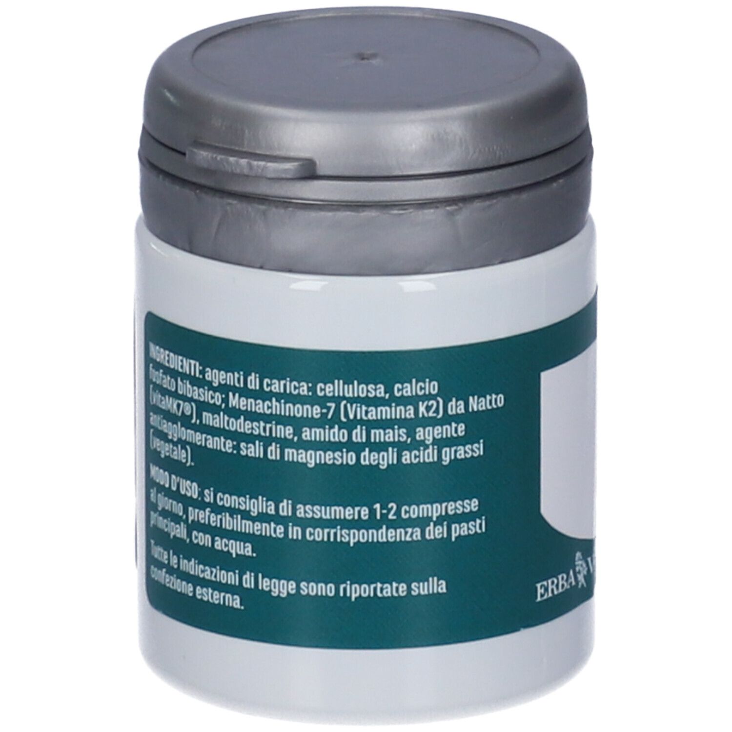 Flacone di compresse di vitamina K2. Retro con informazioni sugli ingredienti. Coperchio grigio.