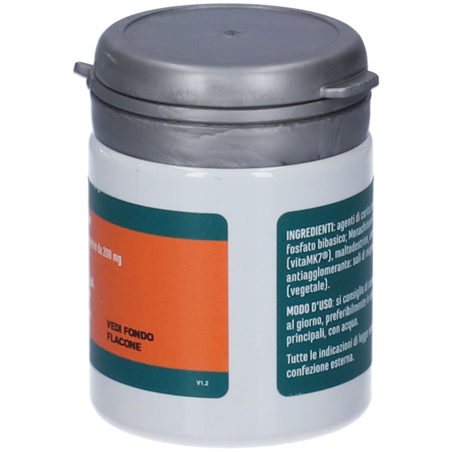 Flacone di compresse di vitamina K2. Retro con informazioni sugli ingredienti. Coperchio grigio.