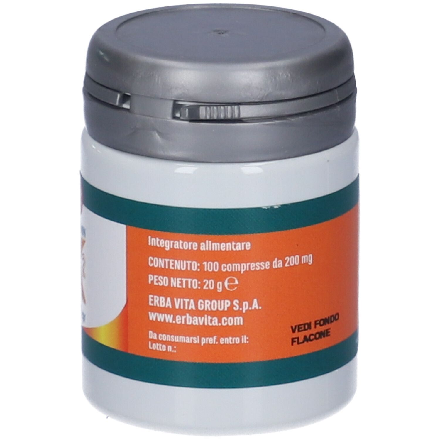 Flacone di compresse di vitamina K2. Retro con informazioni sugli ingredienti. Coperchio grigio.