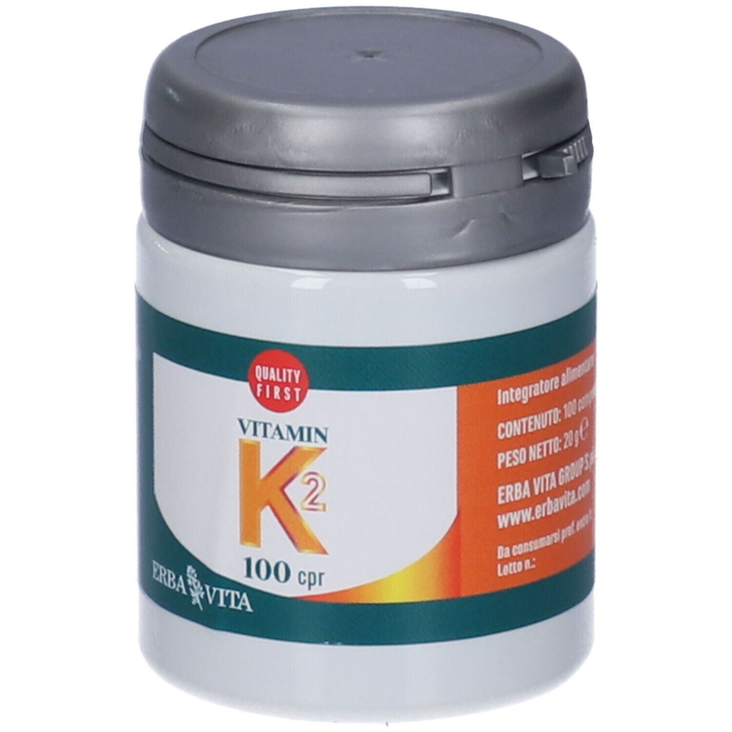 Flacone di compresse di vitamina K2. Scritta: Vitamin K2, 100 cpr. Marchio: Erba Vita. Coperchio grigio.