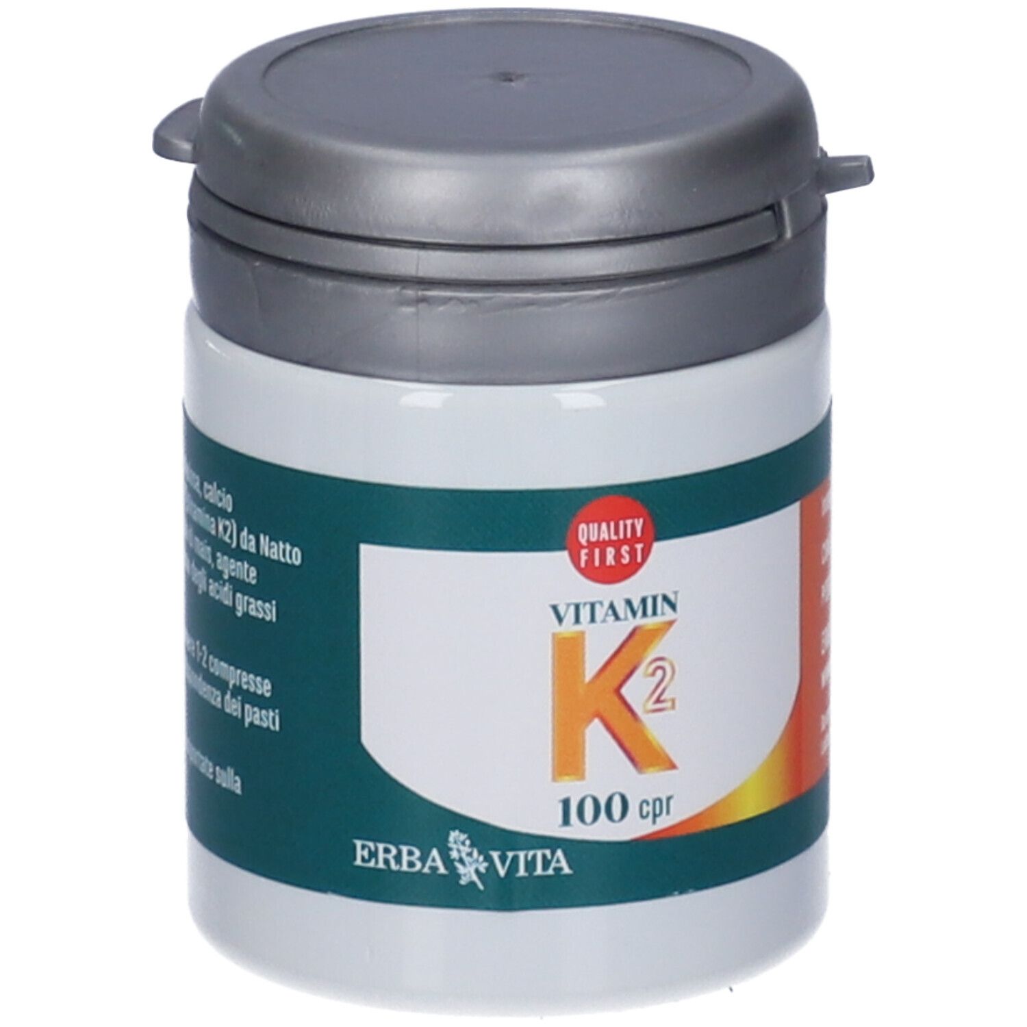Flacone di compresse di vitamina K2. Scritta: Vitamin K2, 100 cpr. Marchio: Erba Vita. Coperchio grigio.