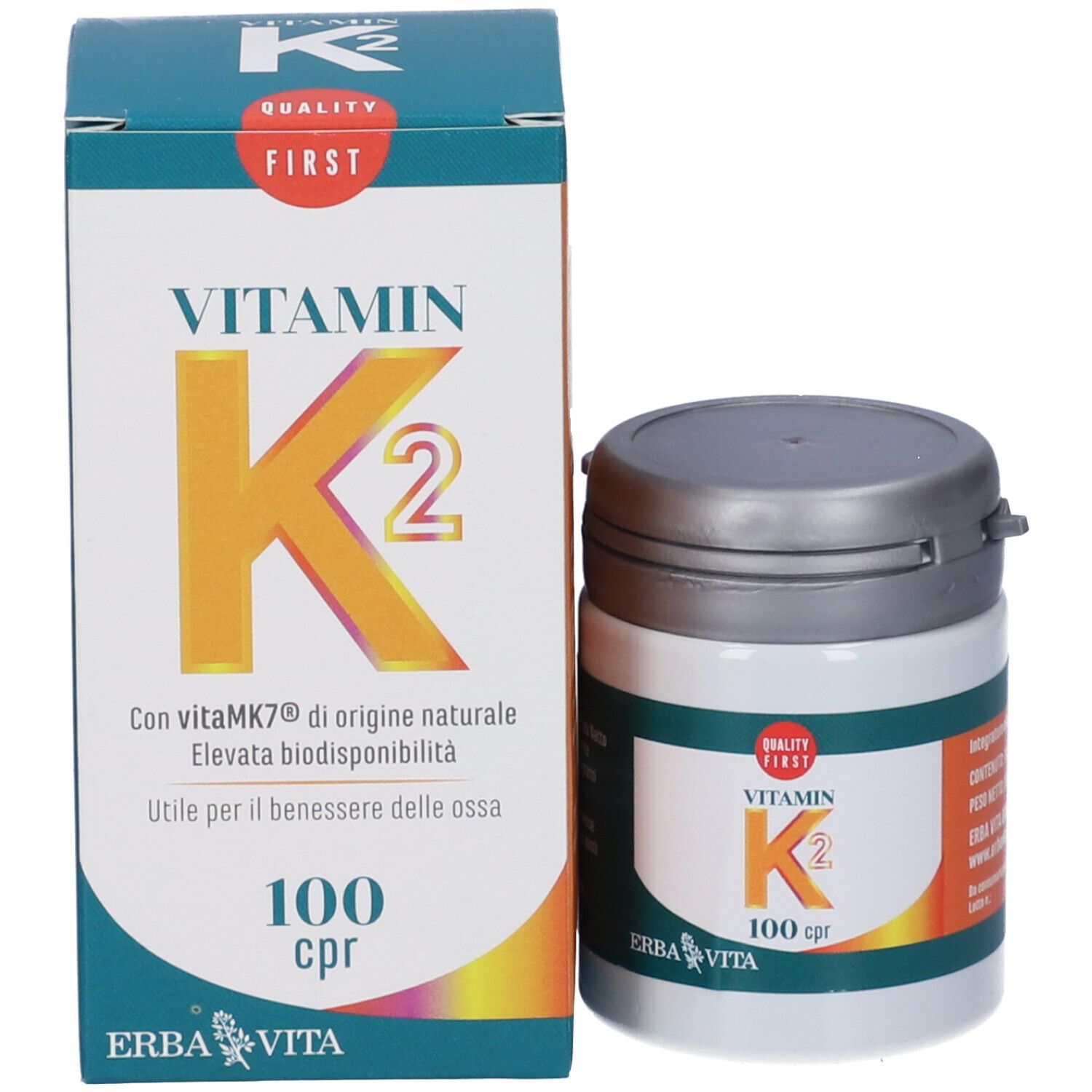 Confezione e flacone di compresse di vitamina K2. Scritta: Vitamin K2, 100 cpr. Marchio: Erba Vita.