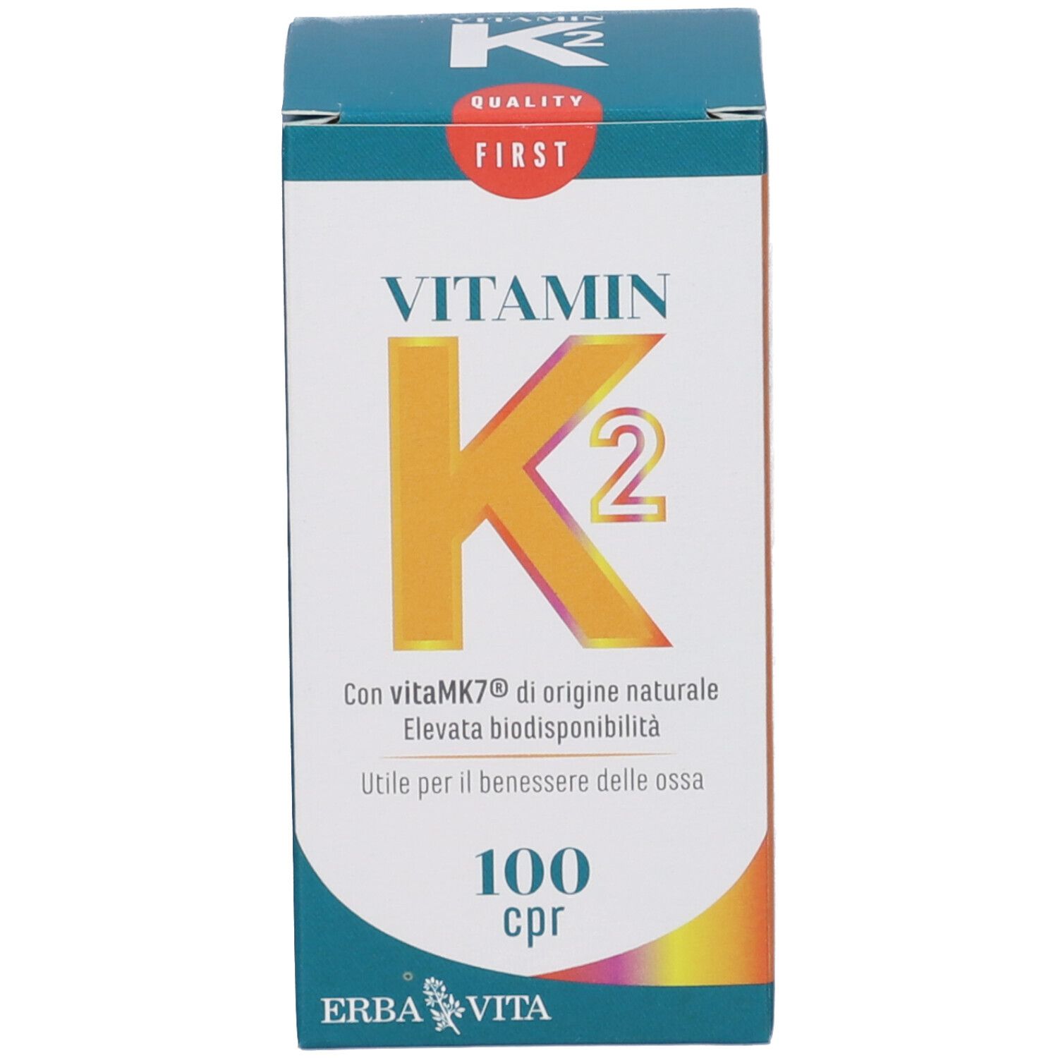 Confezione di compresse di vitamina K2. Scritta: Vitamin K2, 100 cpr. Marchio: Erba Vita.