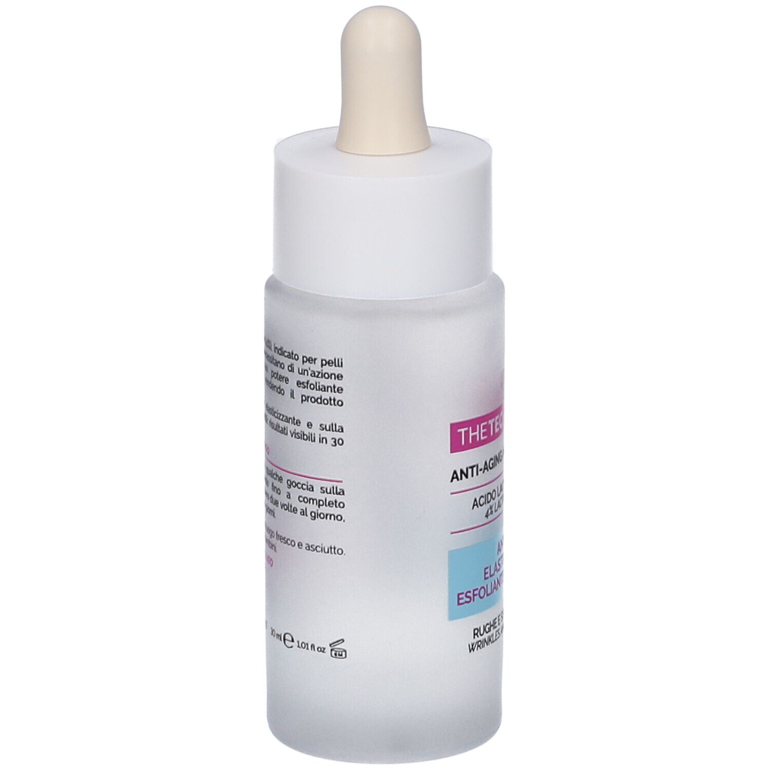 Flacone bianco con pipetta. Scritta: THE TECHNOLOGIST, Anti-Aging Acid Treatment, Acido Lactobionico 4%.