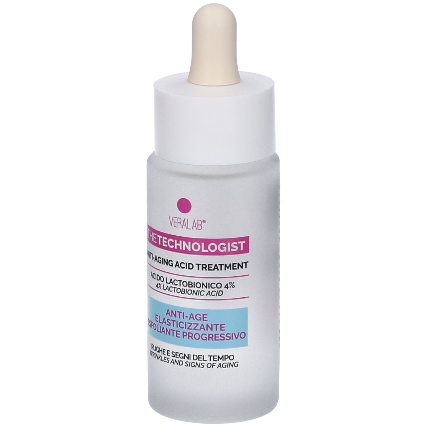 Flacone bianco con pipetta. Scritta: THE TECHNOLOGIST, Anti-Aging Acid Treatment, Acido Lactobionico 4%.