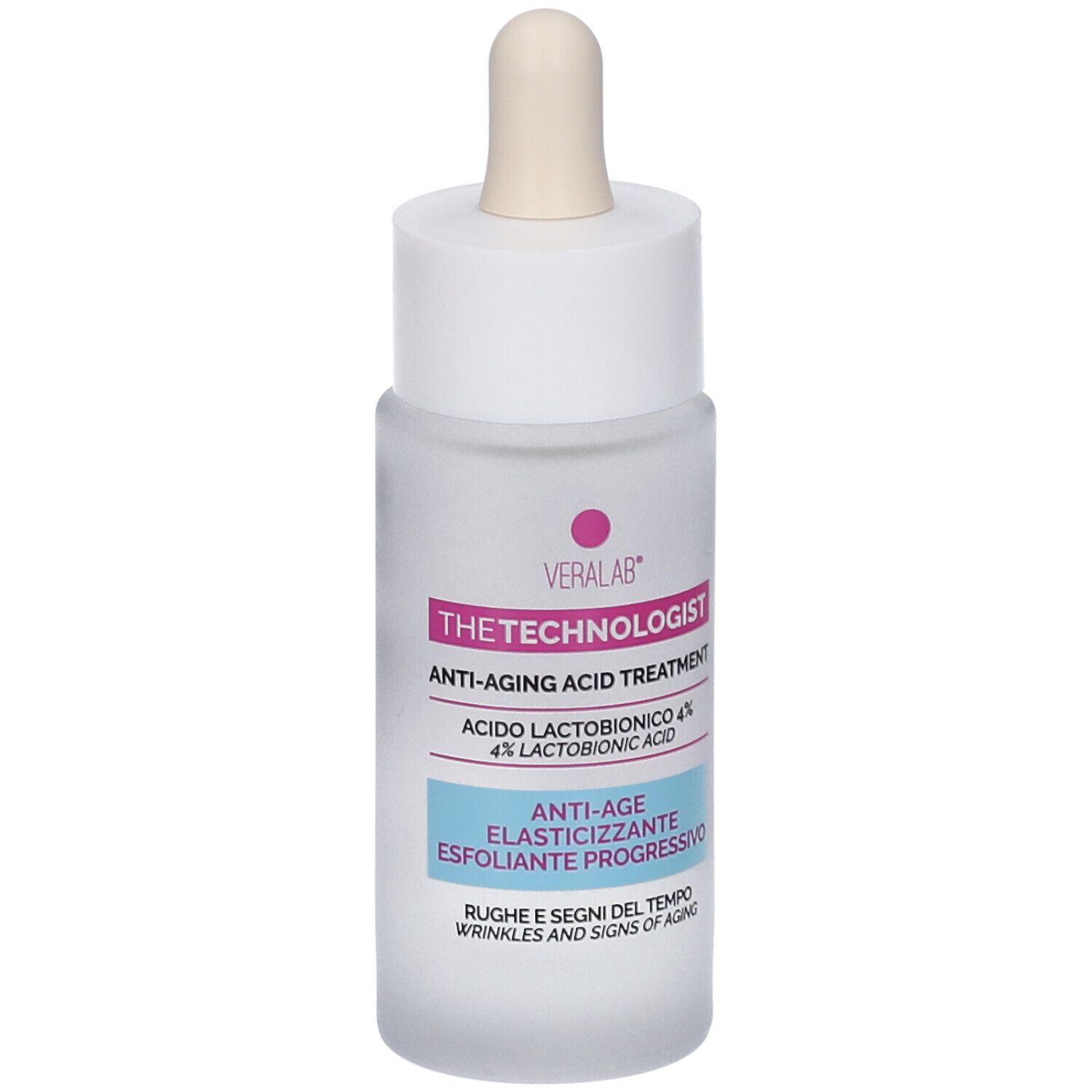 Flacone bianco con pipetta. Scritta: THE TECHNOLOGIST, Anti-Aging Acid Treatment, Acido Lactobionico 4%.