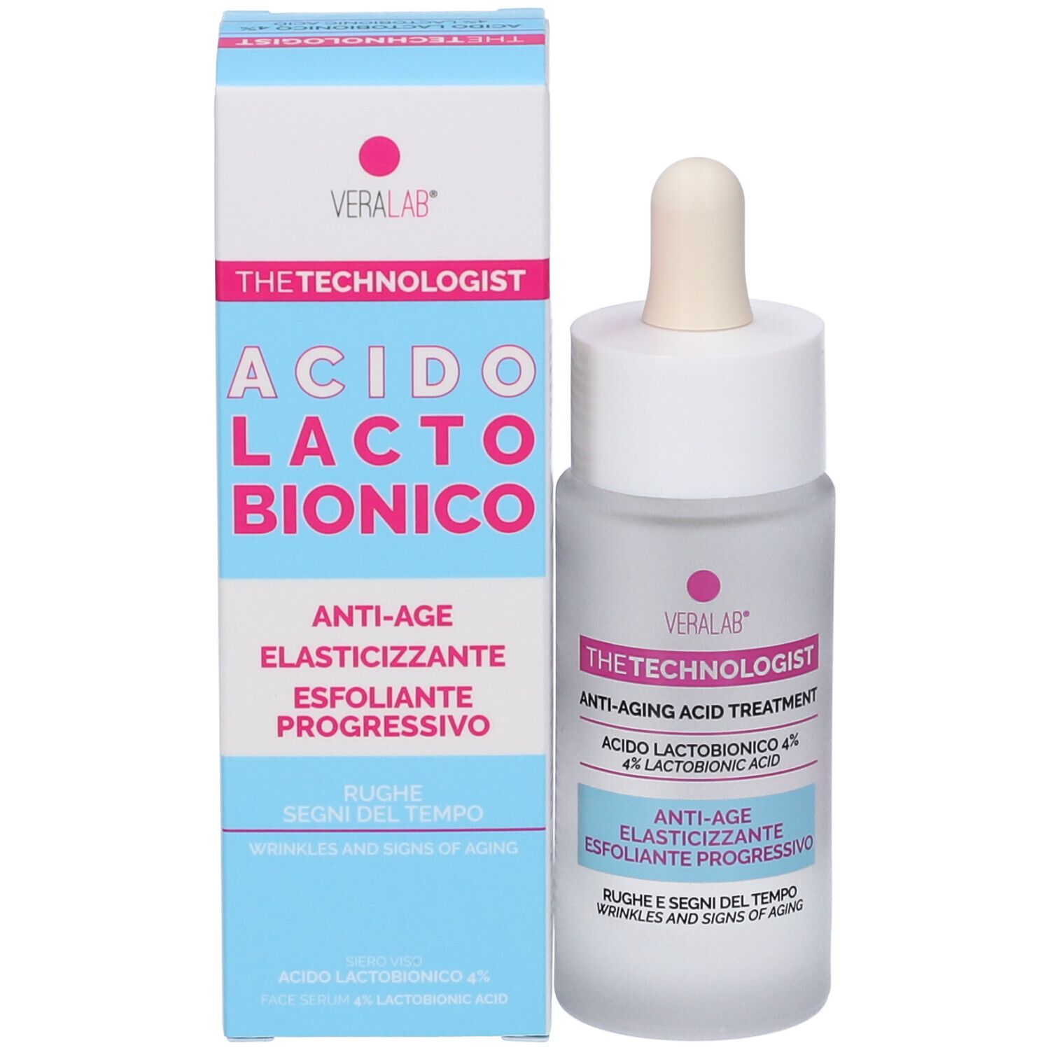 Flacone e confezione. Scritta: THE TECHNOLOGIST, Acido Lactobionico, Anti-Age Elasticizzante.