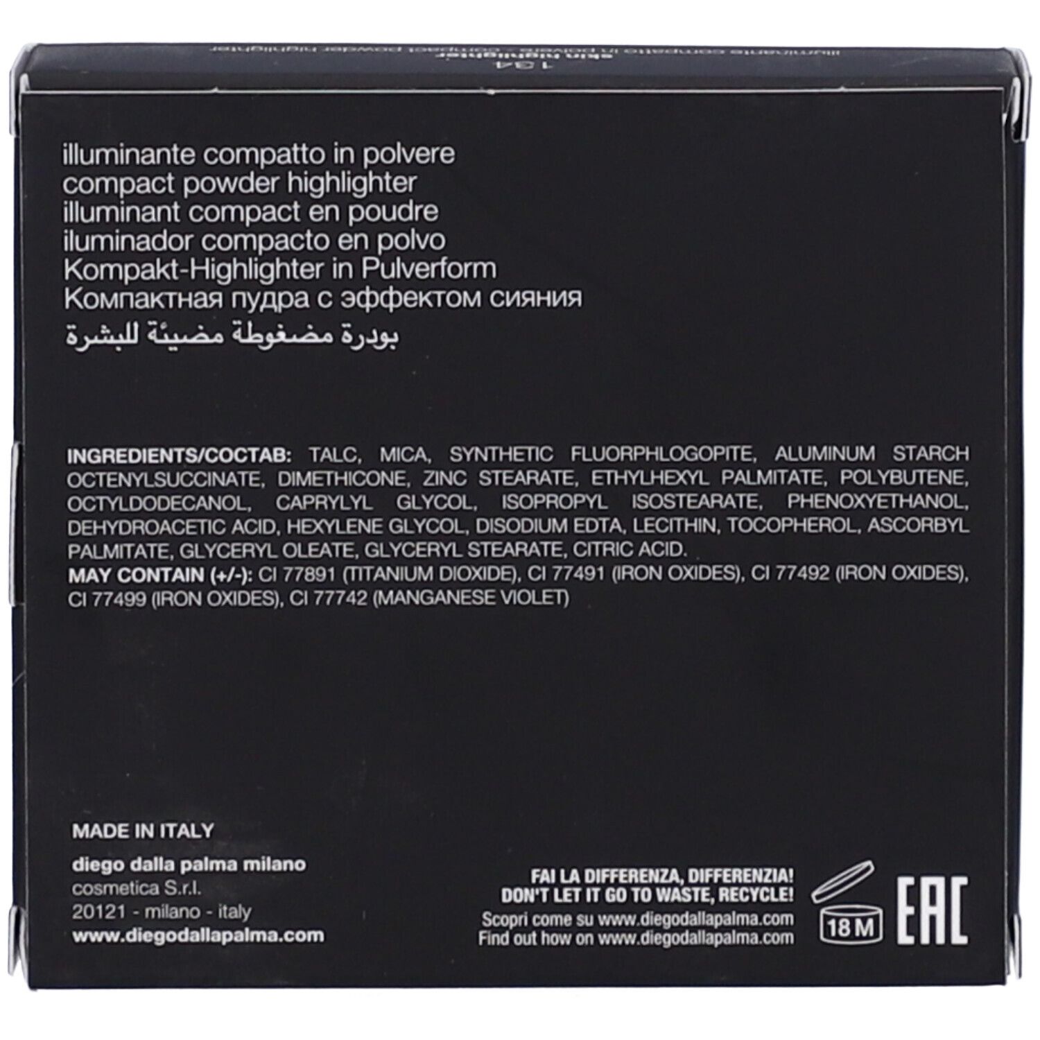 Retro della confezione dell'illuminante. Testo: Ingredienti, Made in Italy, Diego Dalla Palma, simbolo di riciclo.