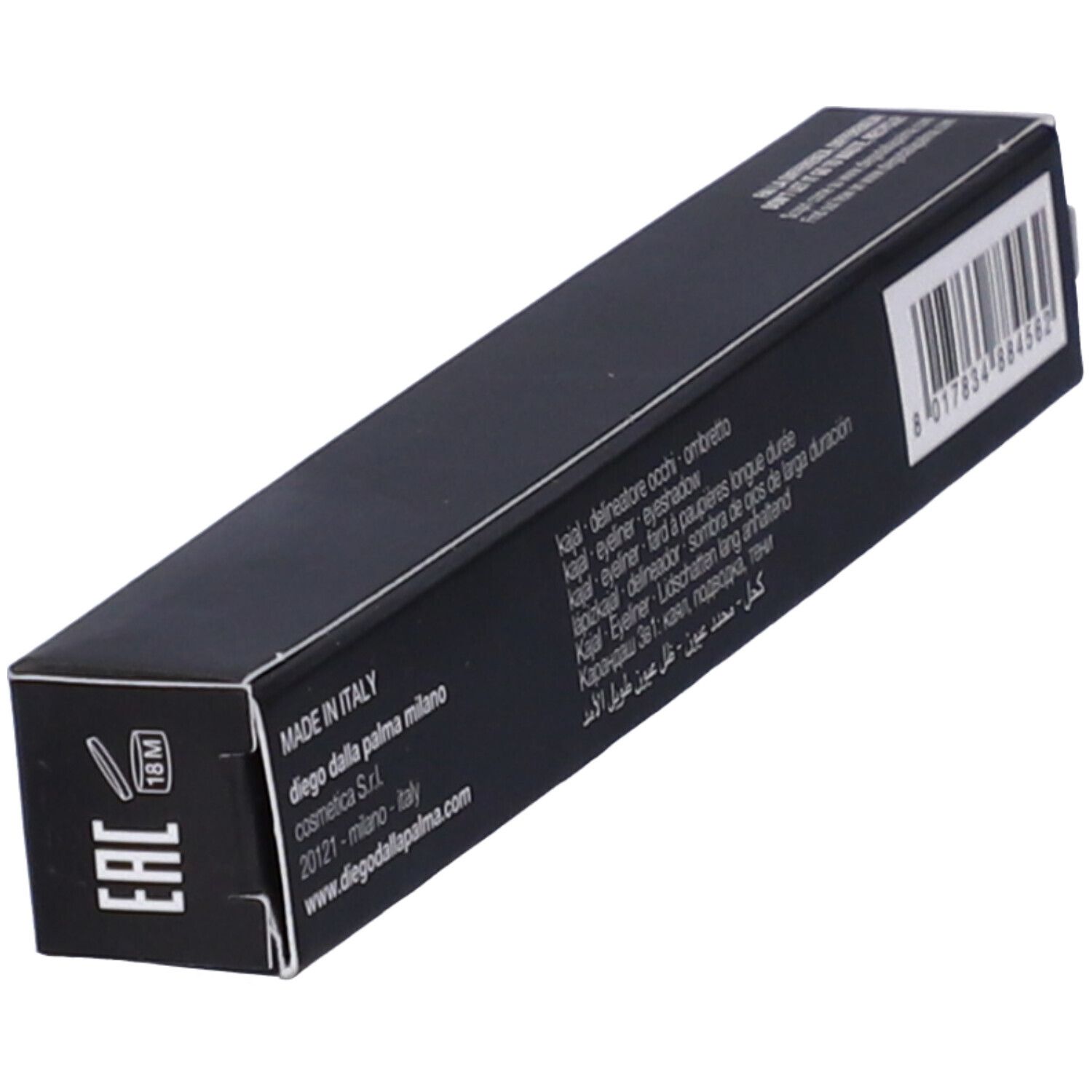 Confezione nera con testo. Marca: Diego Dalla Palma. Testo: Kajal, Eyeliner, Made in Italy.