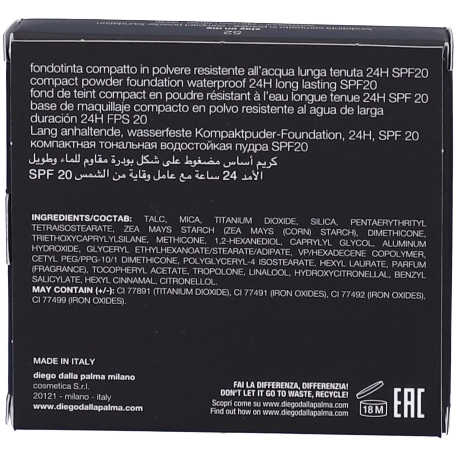 Retro della confezione del fondotinta compatto in polvere. Testo multilingue. Ingredienti e informazioni del produttore.