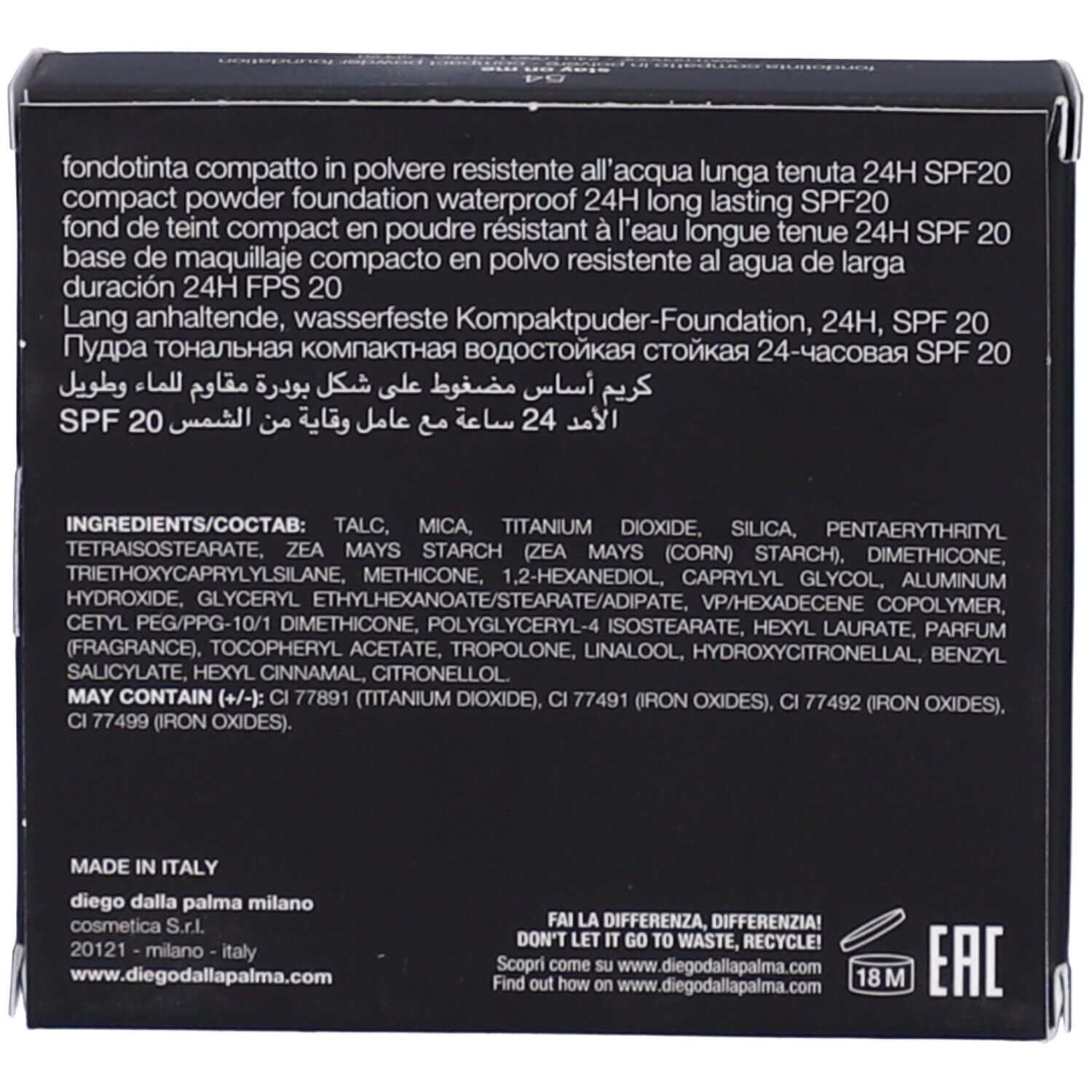 Retro del fondotinta compatto Biscotto Diego dalla Palma. Testo con ingredienti e informazioni produttore.