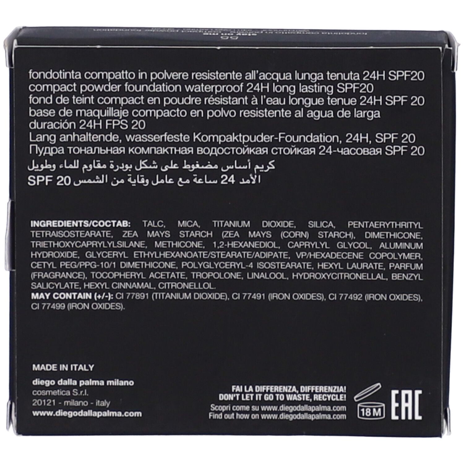Retro della confezione del fondotinta compatto in polvere. Contiene ingredienti, informazioni produttore e loghi.