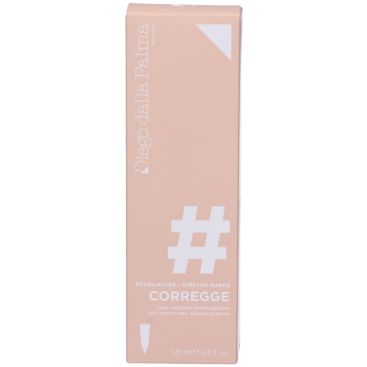 Confezione rosa Diego Dalla Palma. Nome e logo del prodotto. Contiene Siero Esfoliante Antismagliature.