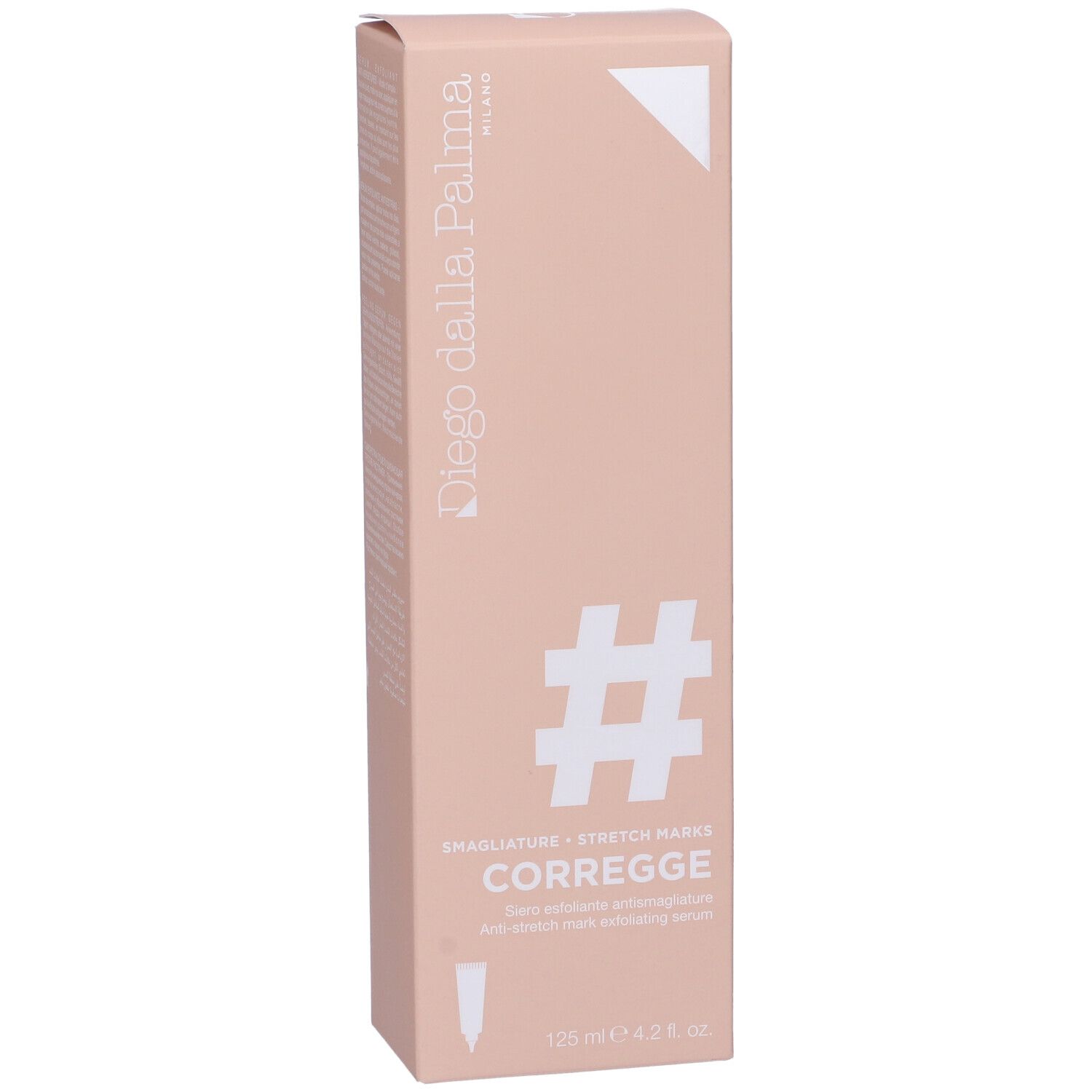 Confezione rosa Diego Dalla Palma. Nome e logo del prodotto. Contiene Siero Esfoliante Antismagliature.